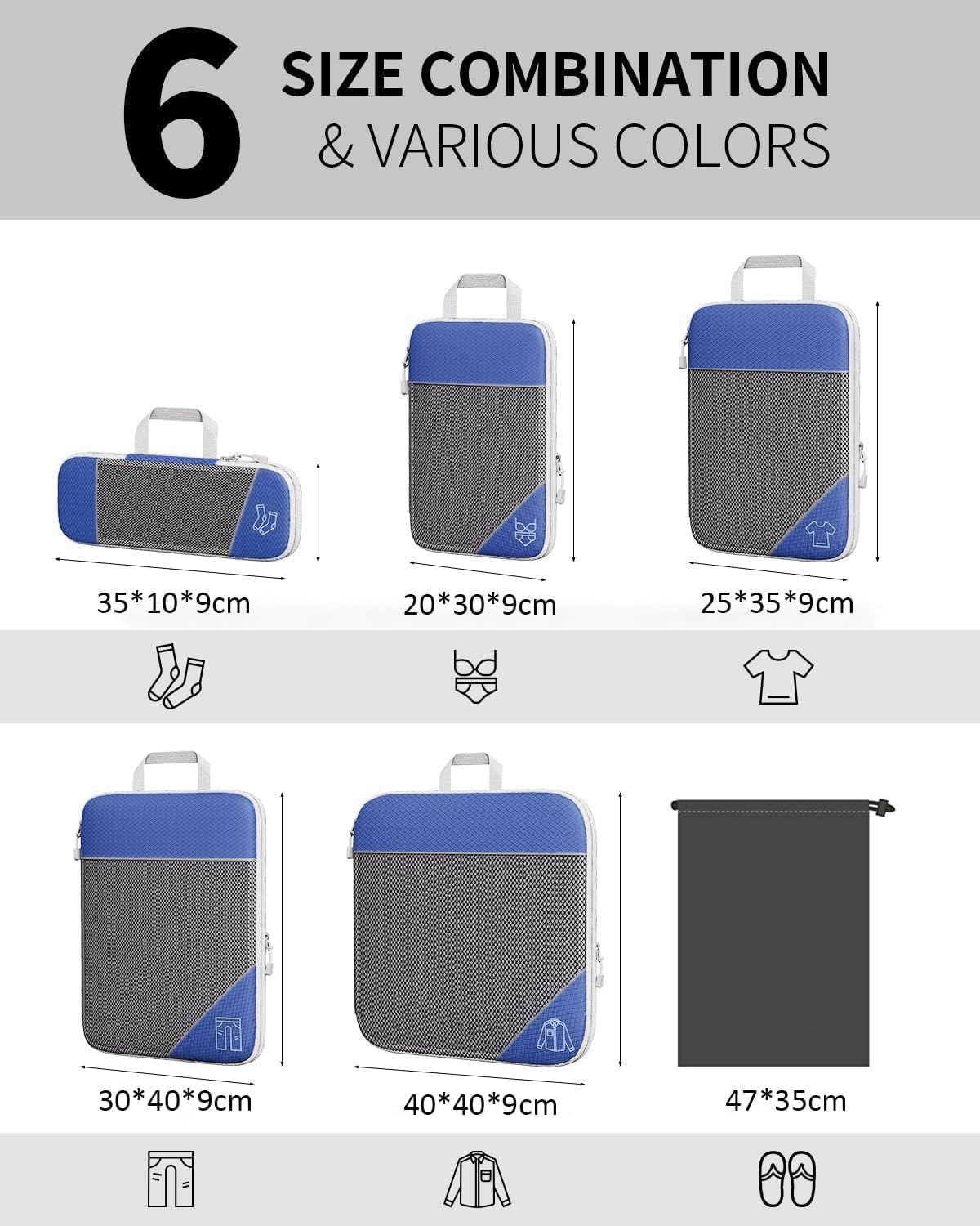 Compression Packing Cubes for Suitcases, VNPONV 6 Set of Travel Luggage Packing Organizers, Suitcase Organizer Bags Set for Expandable Packing Organizers Travel Accessories (Darkblue) image number 1