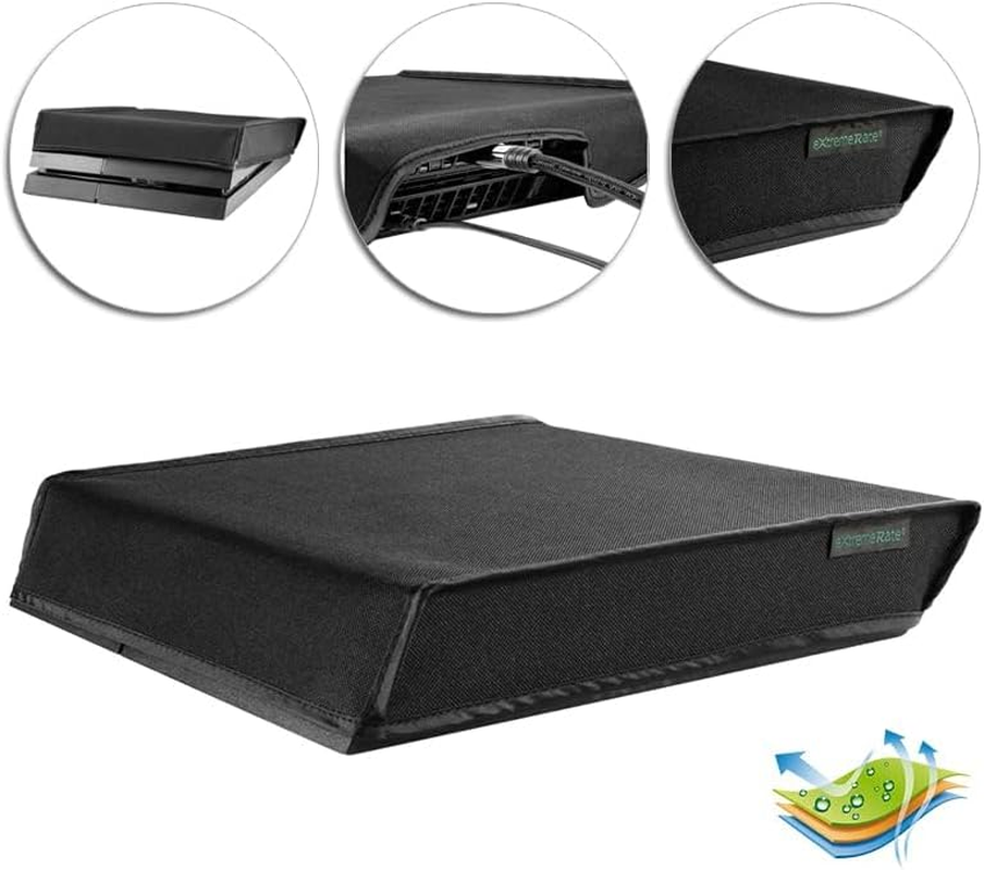 Extremerate Black Horizontal Dust Cover for PS4 Console Custom Designed Double Layer Soft Neat Lining Waterproof Dustproof Precision Cut Easy Access Cable Port image number 2