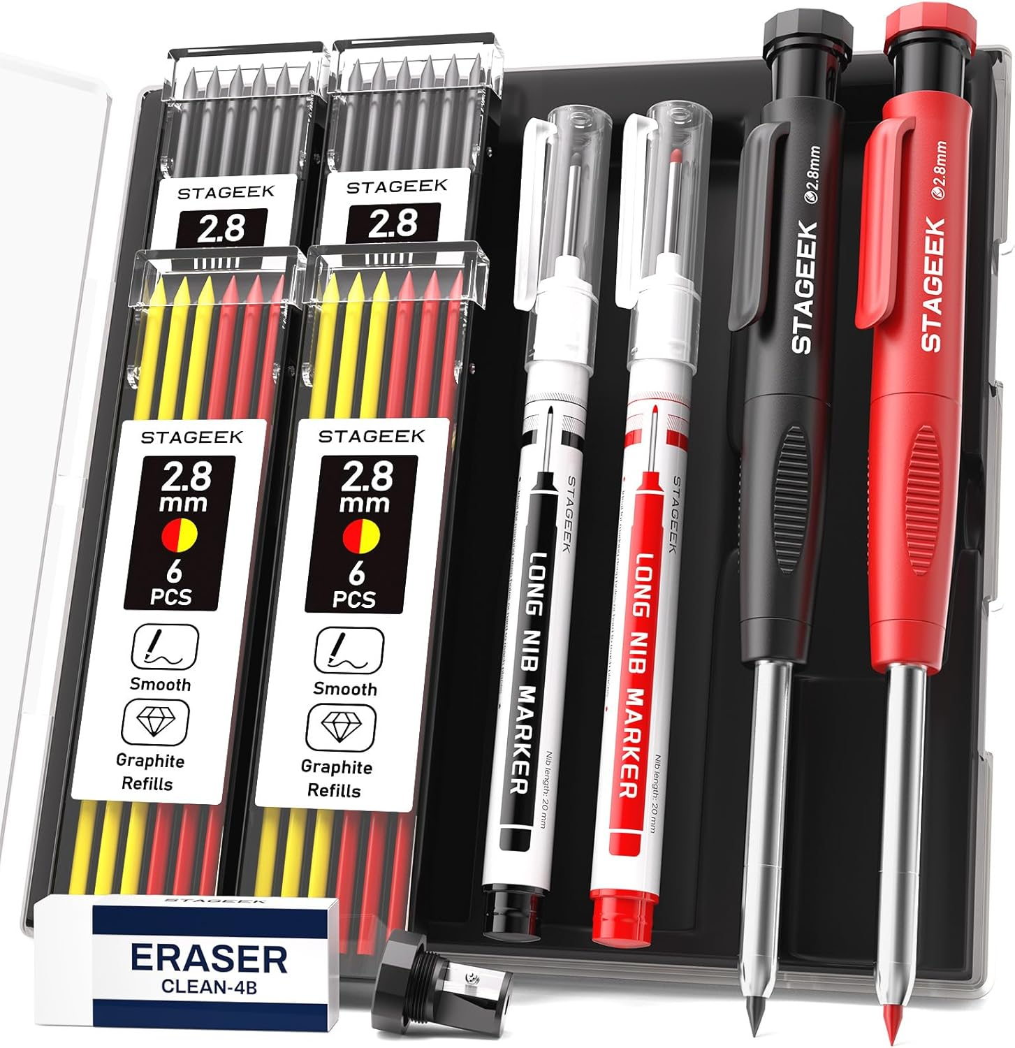 STAGEEK 2PCS Carpenter Pencils with Sharpener, Heavy Duty Woodworking Tools, Mechanical Pencil Set with 26 Refills, Deep Hole Long Nib Marker Pens for Architect Marking with Case (Black, Red) image number 6