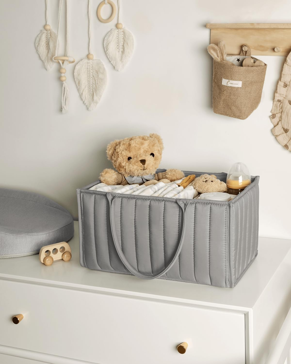 Diaper Caddy Organizer - Large Nappy Caddy Organizer for Baby Nursery, Car Storage, Baby Gift Basket, Changing Table, Portable Organiser (Gray, with Bib) image number 5