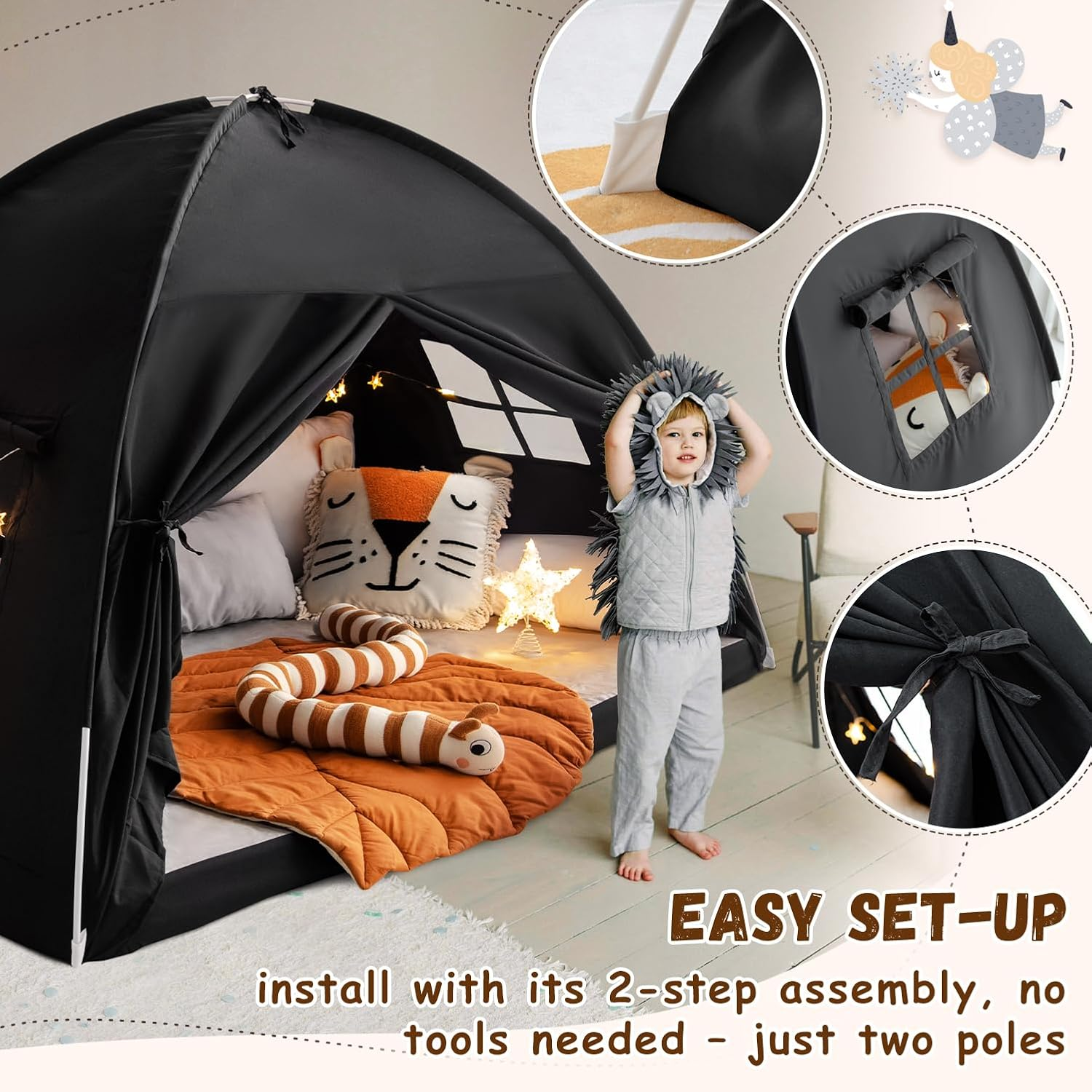 Twin Size Bed Canopy Bed Tents Dream Tent on Bed Privacy Space Blackout Sleeping Tents Indoor Breathable Portable Cottage Drafty Room Floor Bed Tents (Black) image number 4