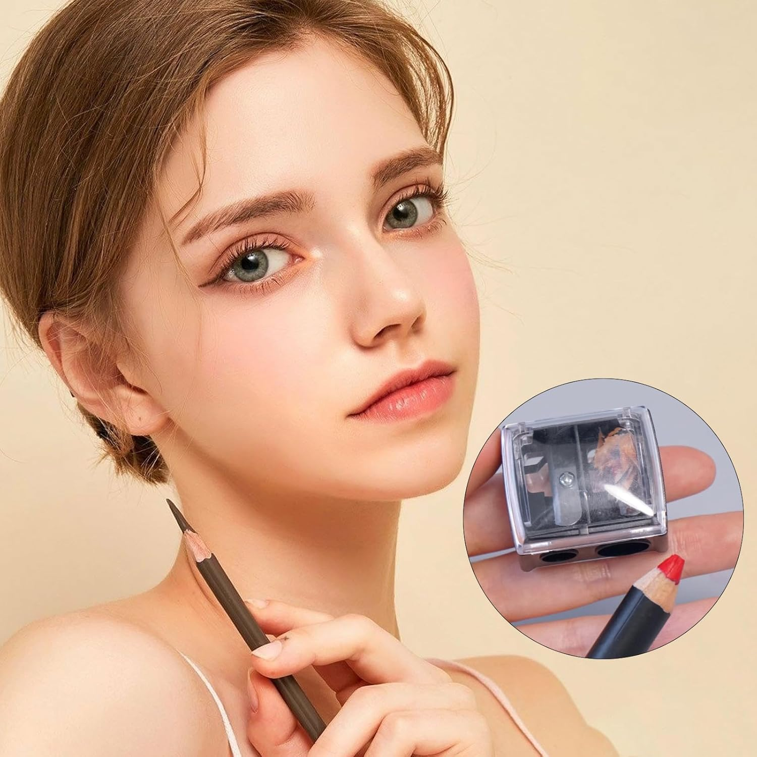 Pack of 2 Makeup Sharpener Pencil Sharpener, Cosmetic Pencils, Portable Sharpener Thick Pens, Double Sharpener for Thickness, Thin Pencils, Manual Pencil Sharpener with Cover for Eyebrow Pencil image number 1