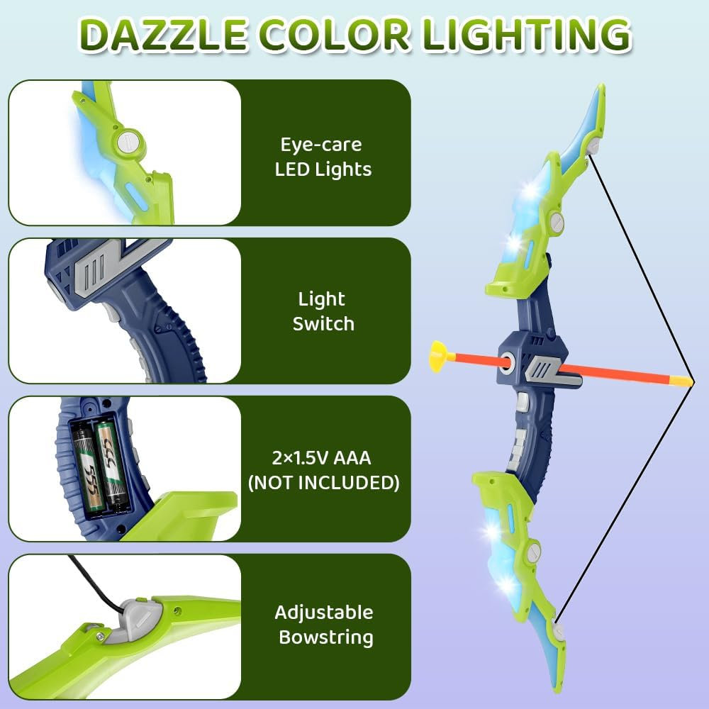 AUTOWT Bow and Arrow Toys with LED Light up Archery, Indoor Outdoor Activity Toy Play Set with 10 Suction Cup Arrows, Target & Quiver for Kids Boys Girls 4 5 6 7 8 9 10+ (Green) - Pink image number 6