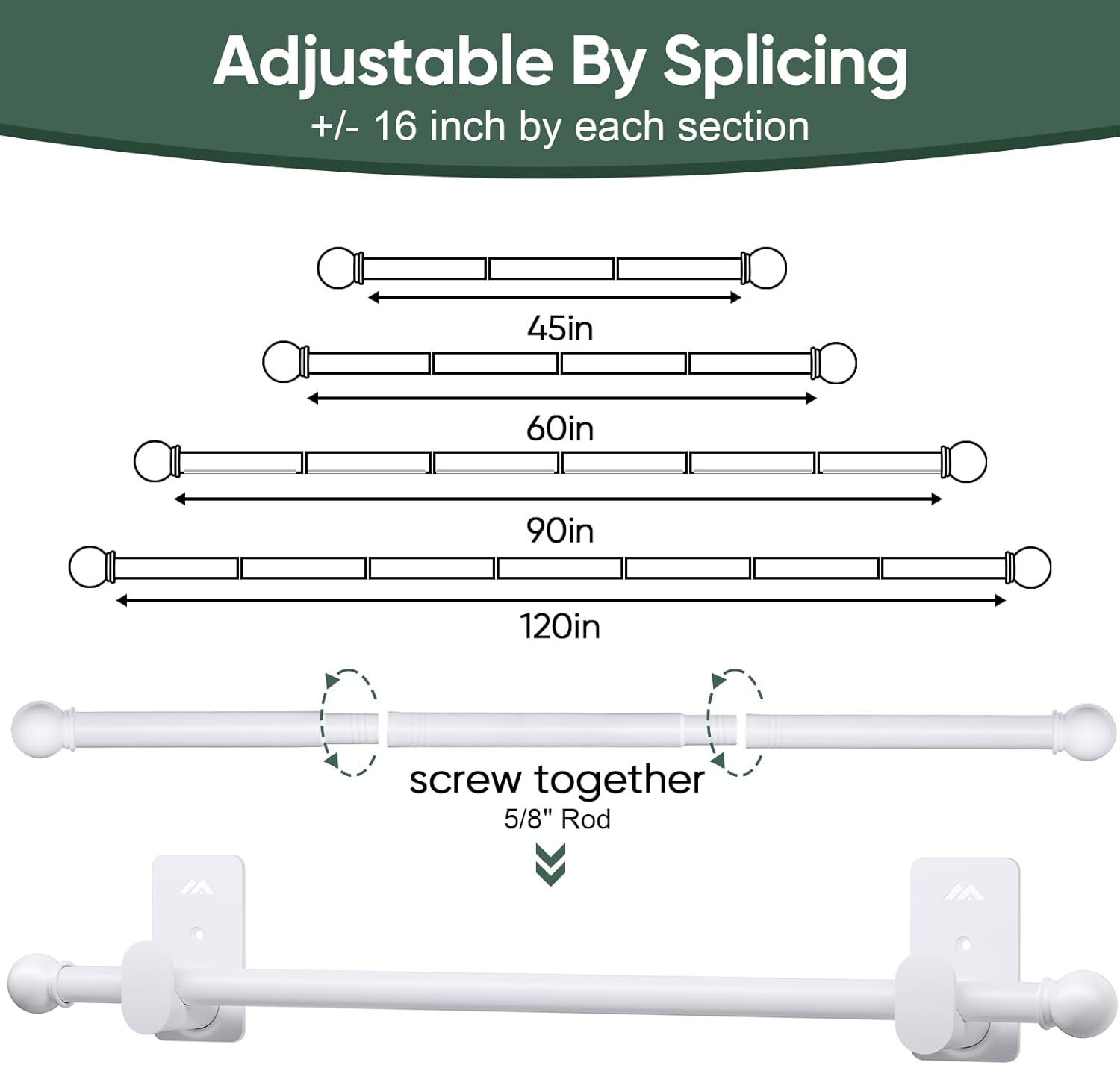 Curtain Rods No Drilling for Windows 30 to 90 Inches,5/8 Inch Diameter No Drill Curtain Rod Set with 3M Adhesive Brackets, White