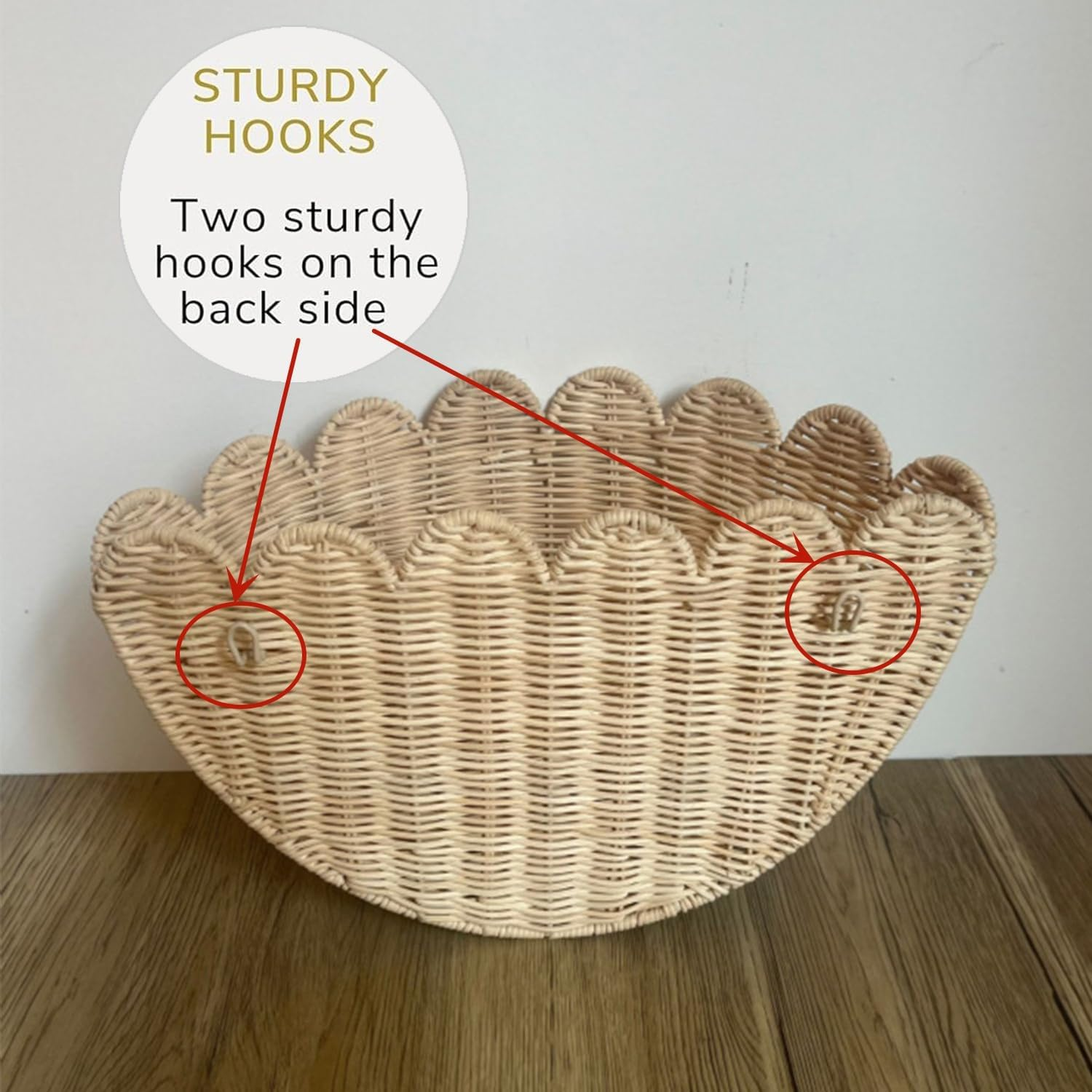 Yharnamite Wicker Hanging Basket, Rustic Scalloped Wall Hanging Woven Baskets for Kitchen, Bathroom, Living Room, Bedroom, 16X7X10 Inch image number 2