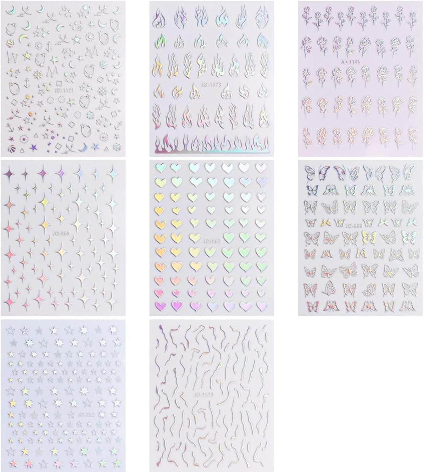 8 Sheets of Laser Nail Stickers 3D Holographic Laser Heart, Star, Moon, Flame, Flower, Butterfly Stickers Self-Adhesive Art Stickers DIY Design Decoration (8 Types) image number 4