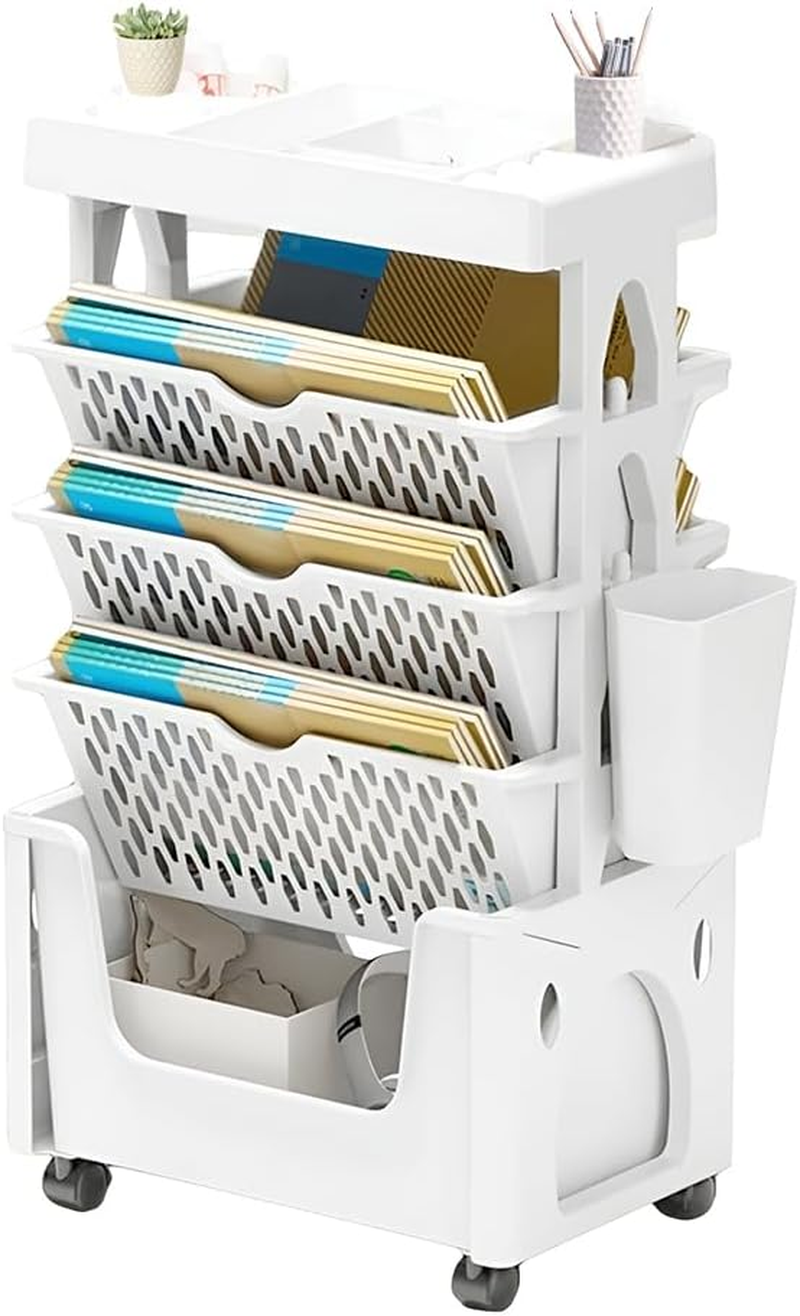 Moveable Bookshelf on Wheels, 5-Tier Mobile Book Shelf Space-Saving Rolling Cart Storage, Utility Organizer for Living Room Home Classroom School (White) image number 1