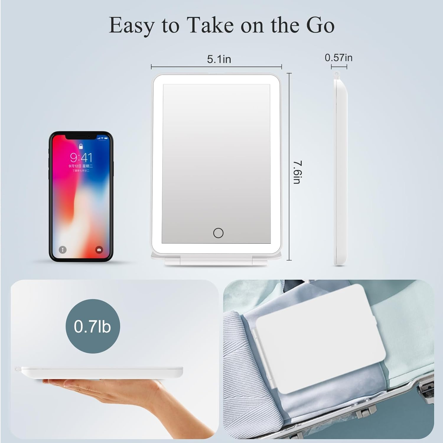 CTAOOL Rechargeable Travel Makeup Vanity Mirror with 72 Led Lights, Portable Lighted Makeup Beauty Mirror, 3 Color Lighting, Dimmable Touch Screen, Tabletop LED Folding Cosmetic Mirror with Lights - Bright White image number 7