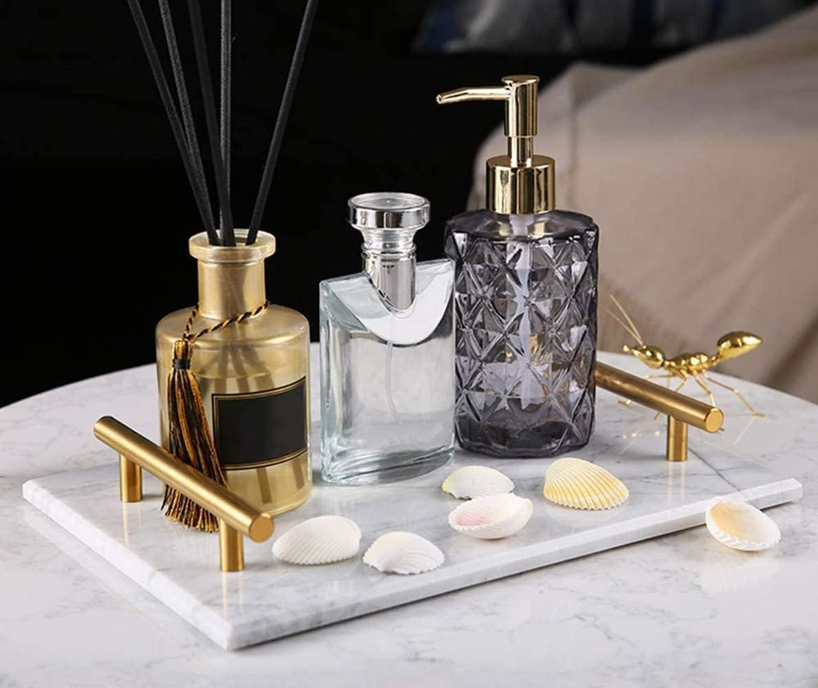 Marble Stone Decorative Tray, Bathroom Vanity Tray, Marble Tray with Gold Handles, Catchall Key Perfume Tray for Counter, Vanity, Dresser, Nightstand, Desk image number 6