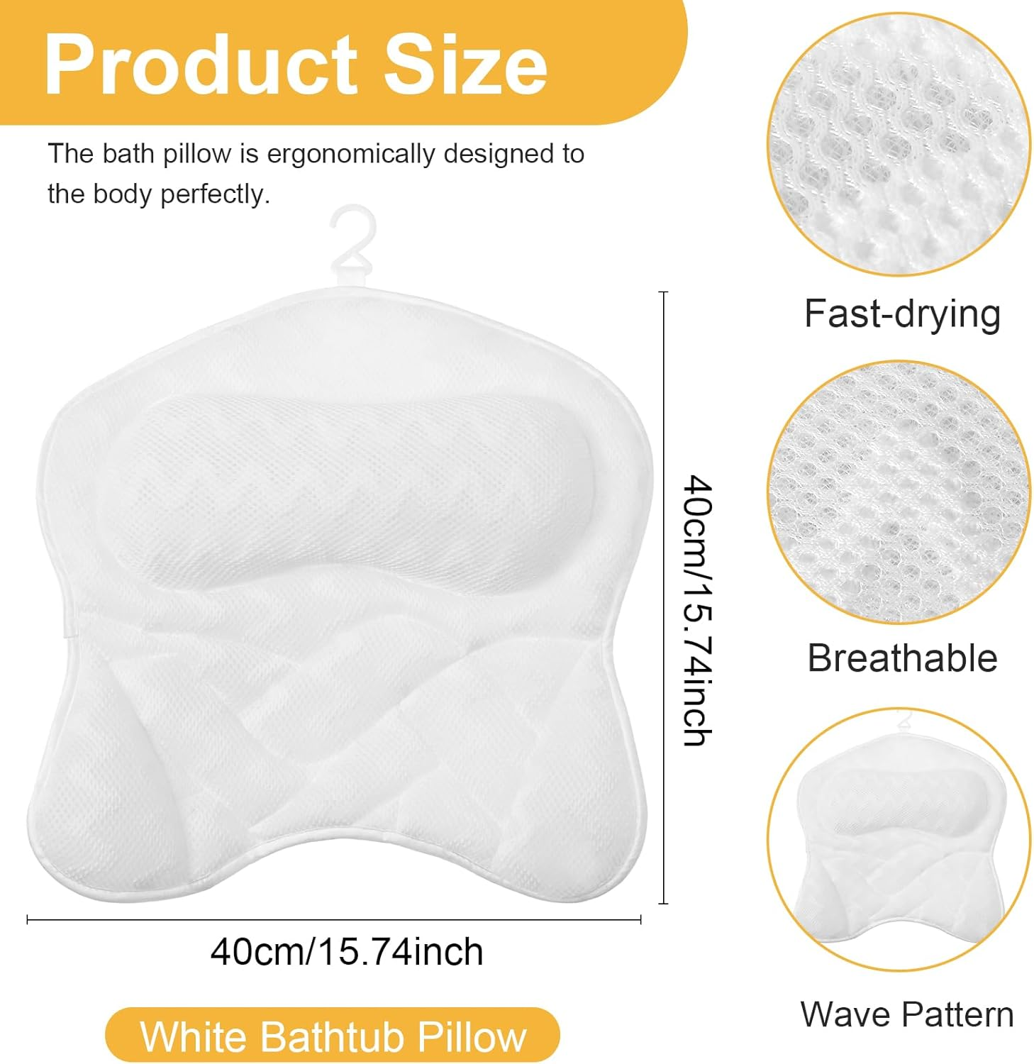 Awobepl Ergonomic Bath Pillow Breathable Air Mesh Bathtub Pillow with 6 Suction Cup and Hook Practical Bathroom Accessories for Neck and Back Support (White) - Black image number 7