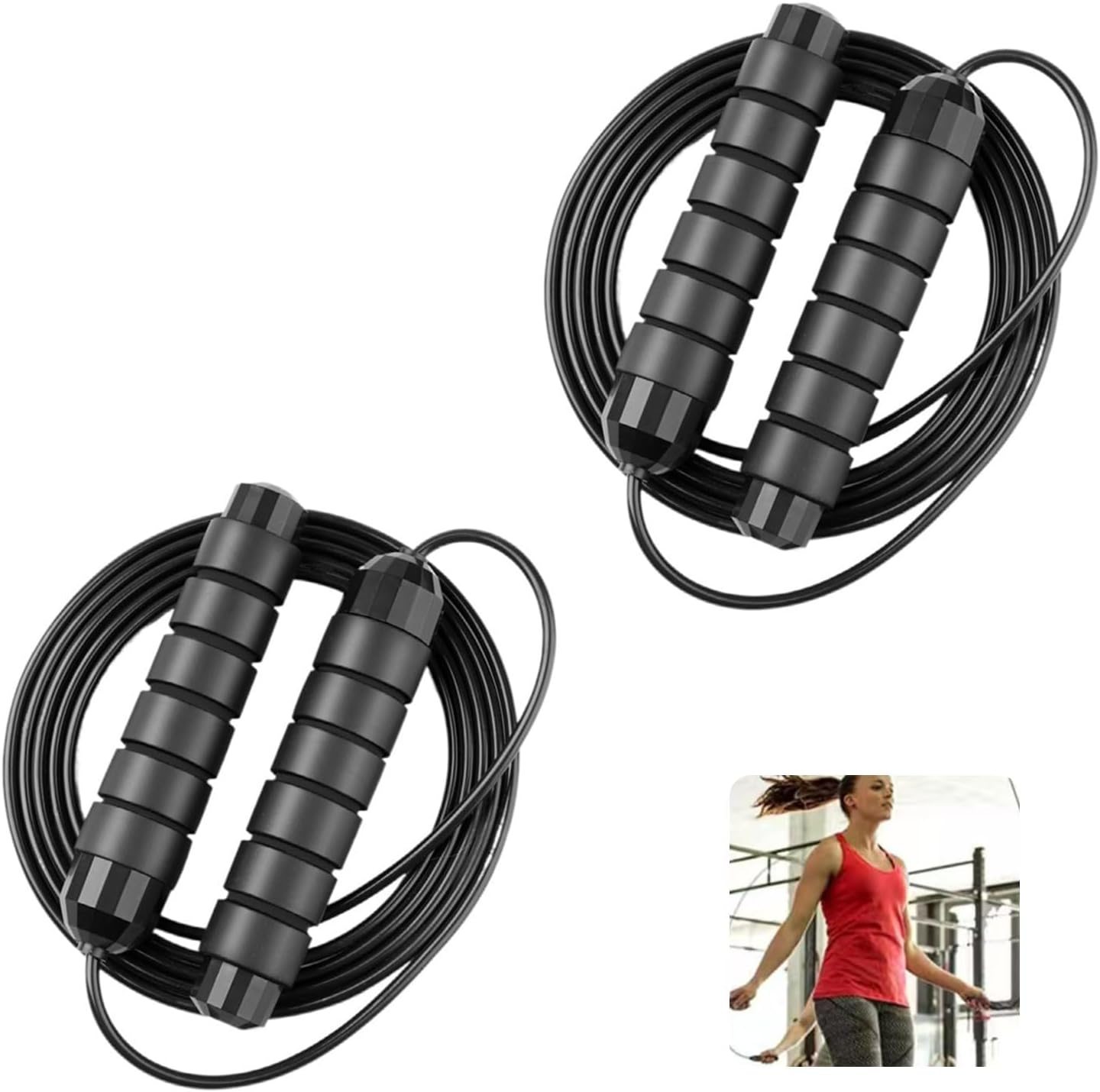 2Pcs Tangle-Free Speed Jumping Rope with Adjustable Foam Handles for Fitness, Steel Jump Ropes for Women, Men, and Kids, Black, Load Skipping Rope, Exercise to Lose Weight image number 1