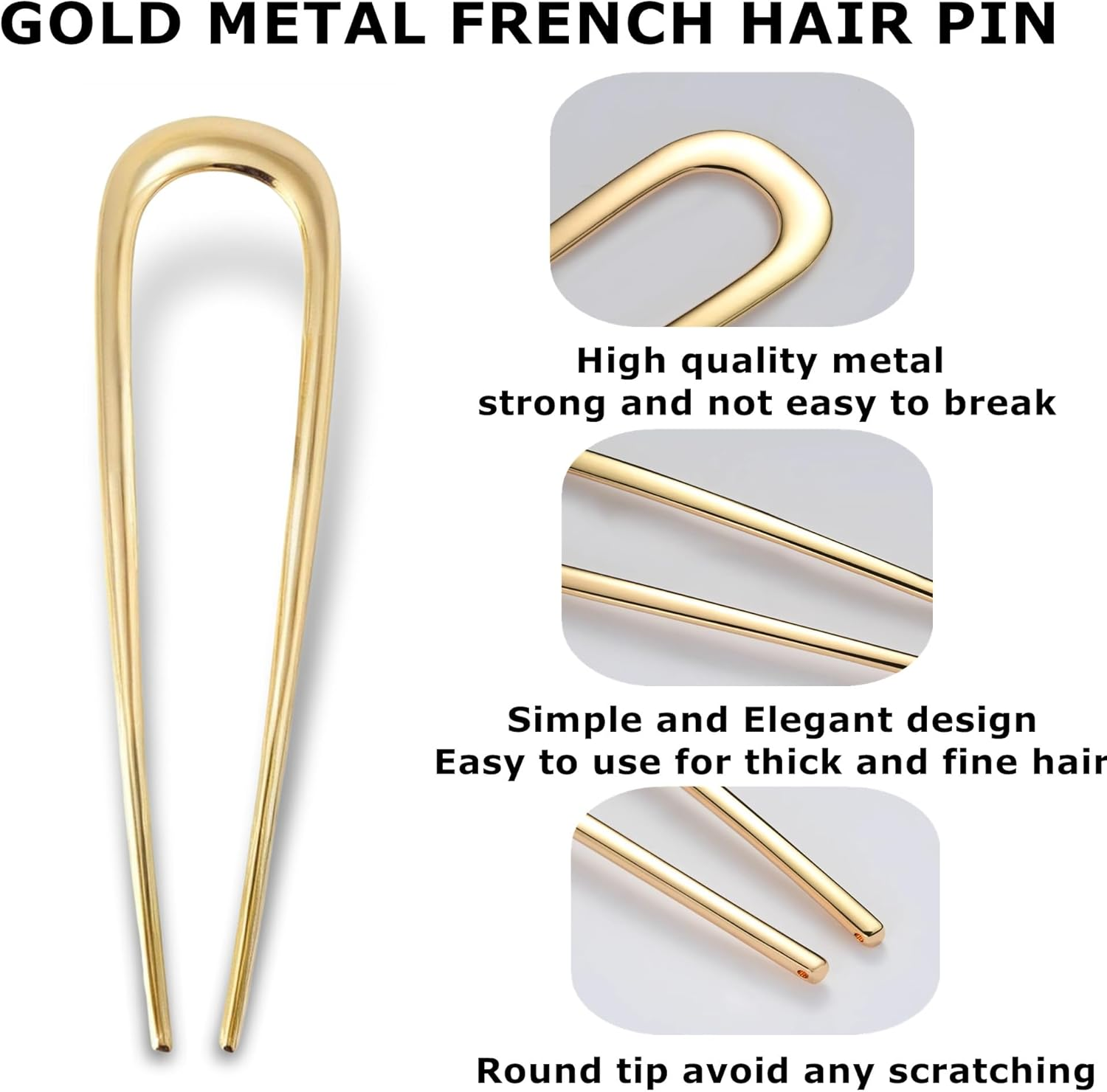Pack of 2 Gold Metal French Hair Pins, French Hair Pins, Large French Pin Hairpin for Women and Girls