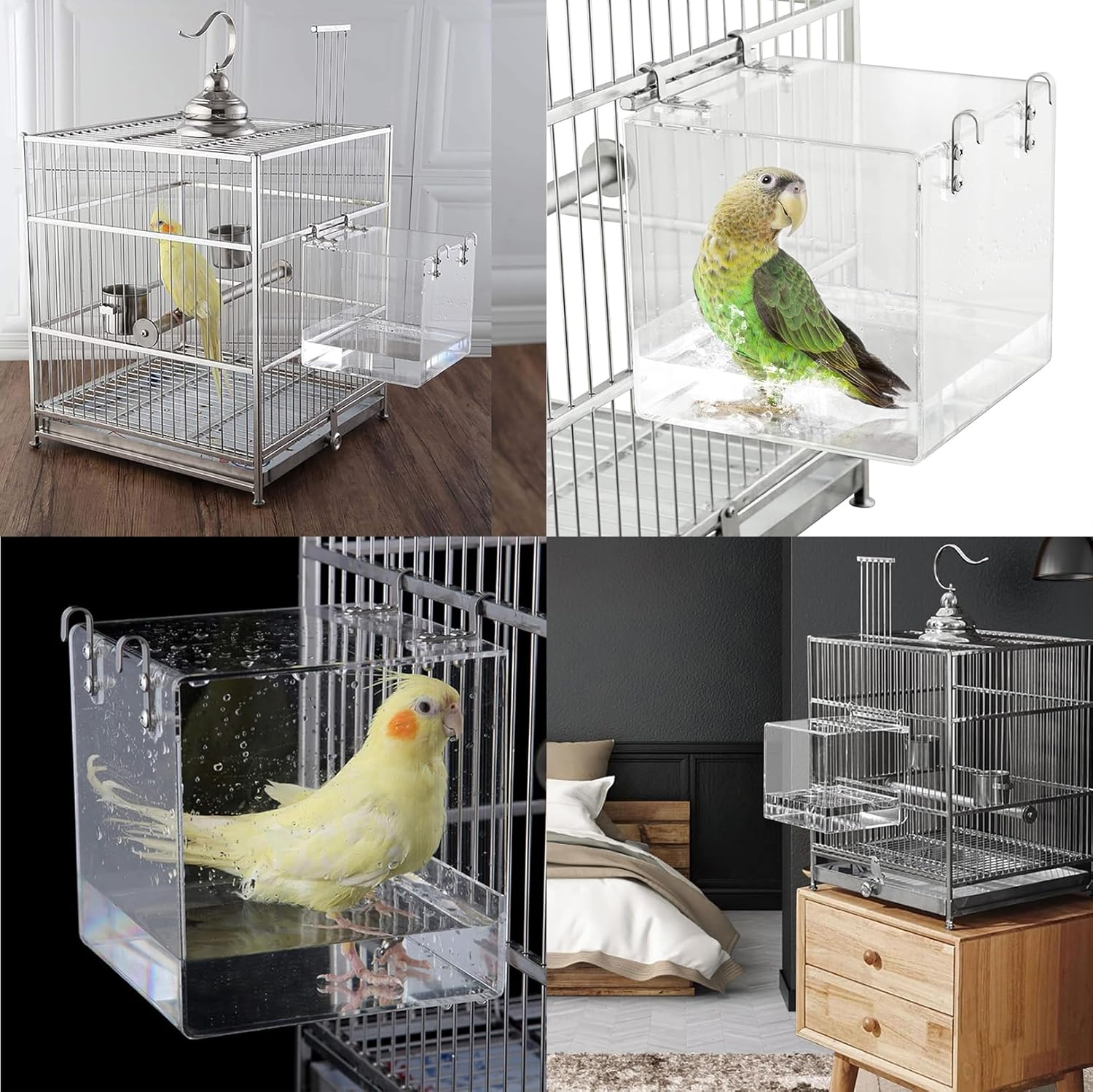 FUNNTY Acrylic Hanging Bird Bath Cage Bird Bathtub Bath Shower Box No-Leakage Bird Bathtub Bird Feeder Cage Bathtub Box for Parakeets Small Bird Parakeets Parrot with 4 Hooks（ 11X13X13Cm） image number 3