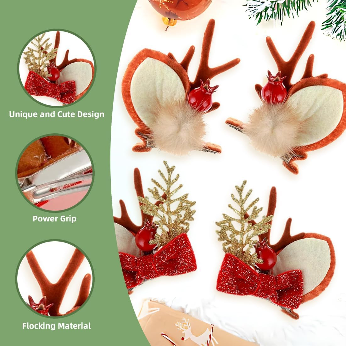 QUOHE Christmas Reindeer Antler Hair Clips, Pack of 4, Brown, All Hair Types, Women & Girls, Hair Clip, Christmas Decoration