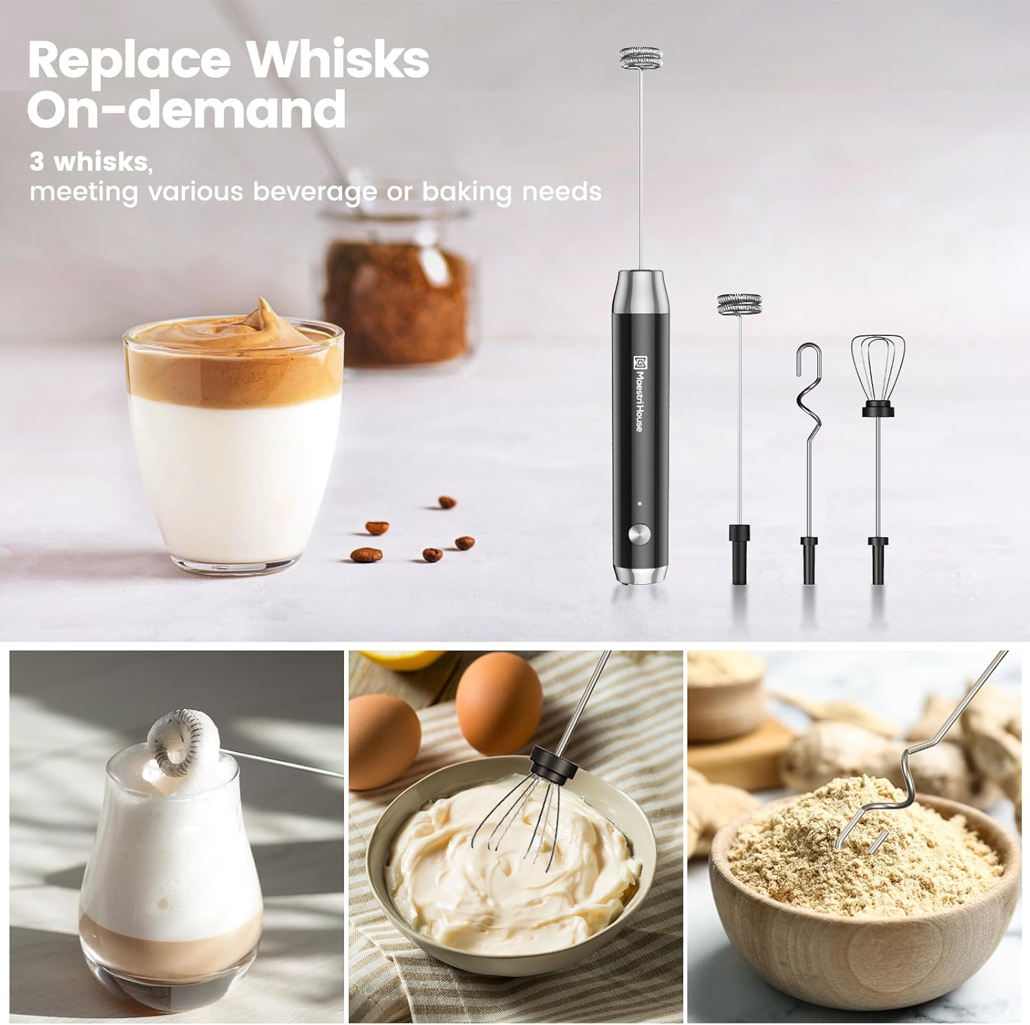 Maestri House Rechargeable Milk Frother with 3 Heads, Lunafro as Handheld Electric Foam Maker Waterproof Detachable Stainless Steel Whisk Drink Mixer Foamer with Stand for Lattes, Cappuccino, Egg image number 2