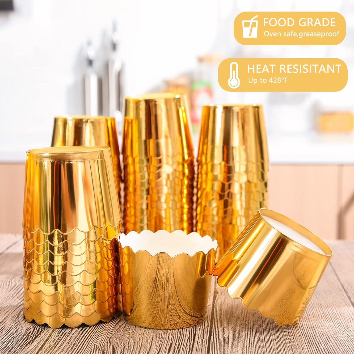 Meanplan 100 Pcs Foil Cupcake Liners Sturdy Muffin Baking Cups Cupcake Wrappers for Christmas Wedding Birthday Party Decoration, 1.97 X 1.77 Inch (Gold) image number 3