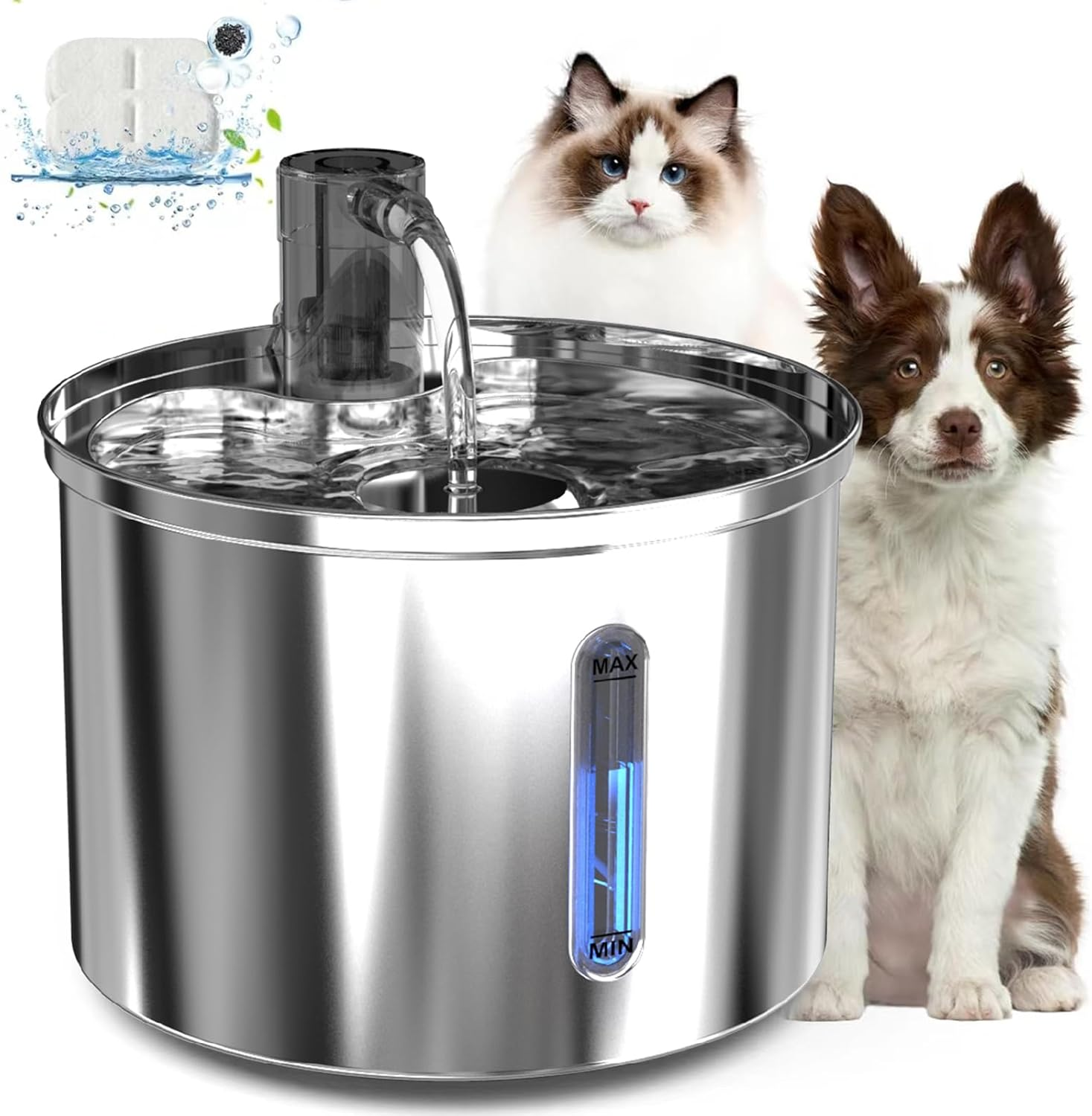 Cat Water Fountain Stainless Steel: 3L Pet Fountain Water Bowl Dog Drinking Dispenser, Cat Feeding & Watering Supplies, Animal Metal Kitty Spout for Cats inside with Replacement Filters, Silver image number 1