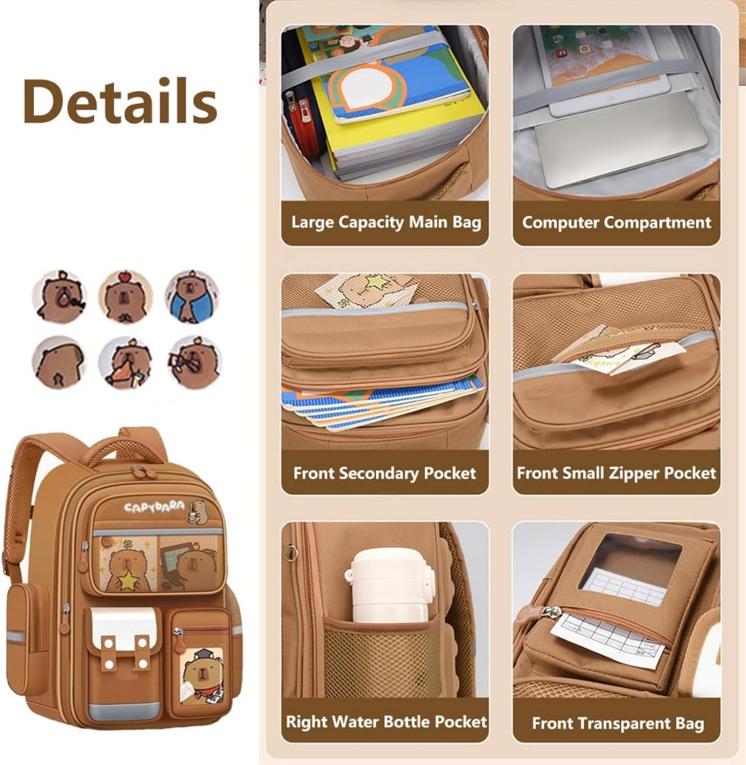 Mochila Capybara Backpack for School Kindergarten Kids Cute Cartoon Large Size Travel Book Bag with Suppes Stationery Set 1 Pencil Case Three Cards 6 Badges and 1 Plush Pendant Brown Schoolpack image number 4