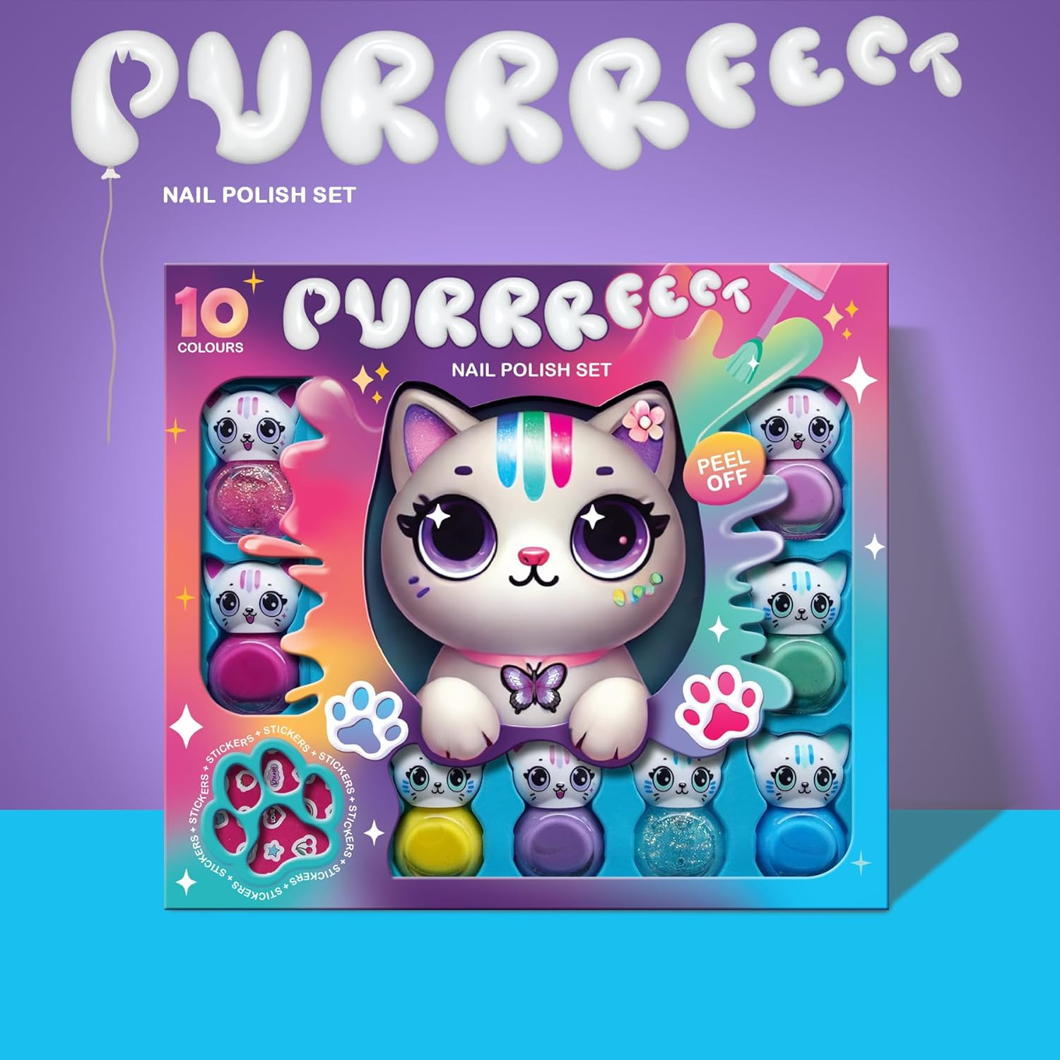 Cat Shape Water Based Nail Polish Set - Beauty4Britain 14 Colours Quick Dry Peel off with Cat Nail Stickers Gift Box Included image number 1