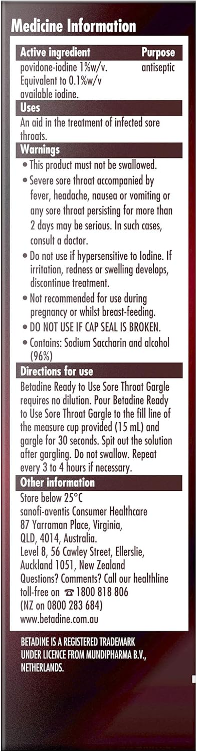 Betadine Ready to Use Sore Throat Gargle, Kills Bacteria That May Cause a Sore Throat, 120Ml image number 3