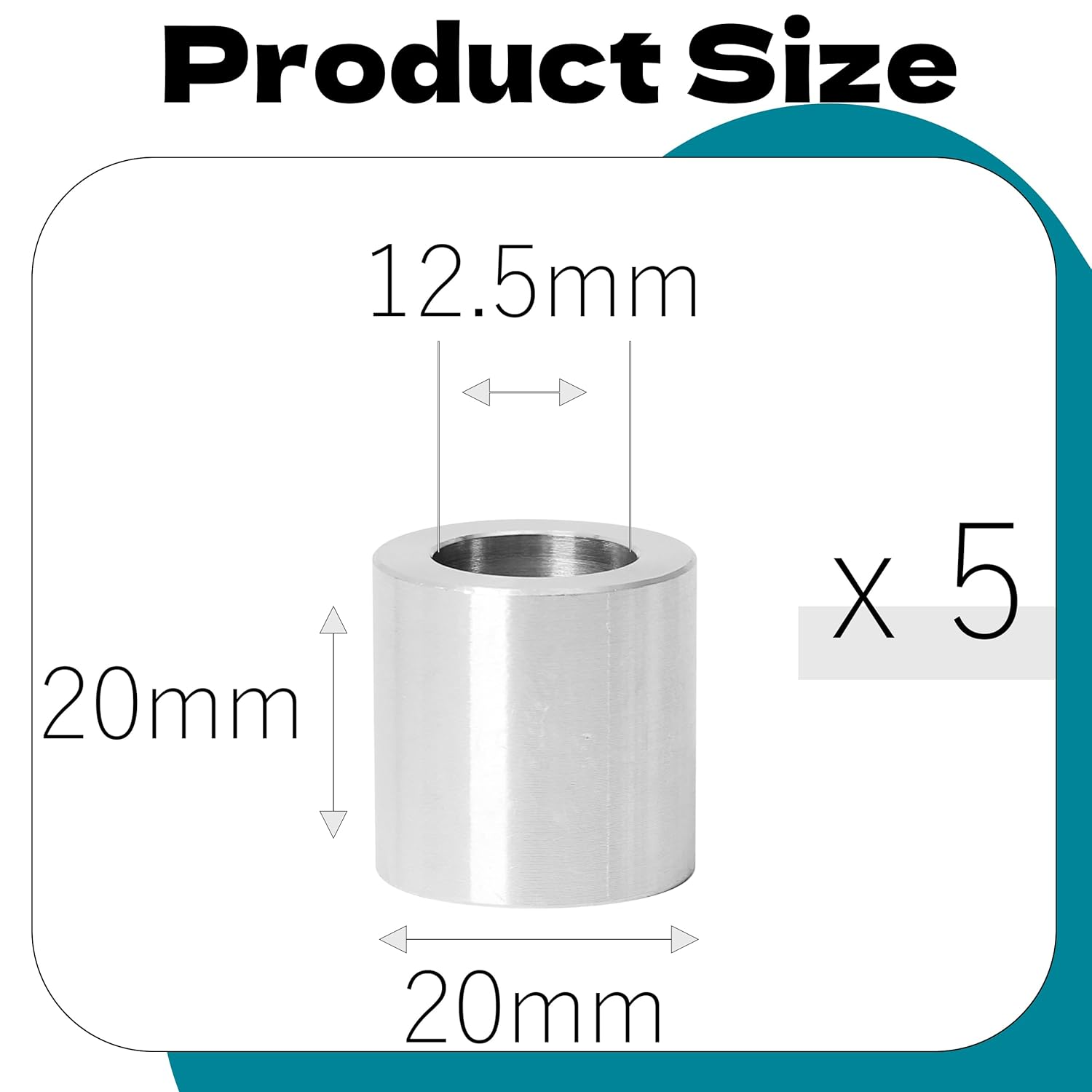 Zhooooonglf 5Pcs M12 Aluminum Spacers, Metal Spacer Aluminum round 12.5Mm ID X 20Mm OD X20Mm L Thickness Screw Standoff for M12 Screw Bolts Silver