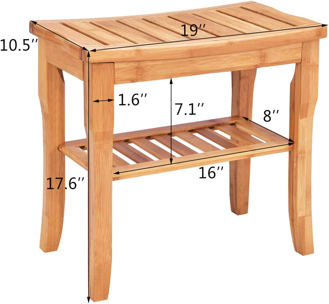 Giantex Bamboo Shower Seat Bench Bathroom Spa Bathroom Organiser Stool with Shelf image number 2