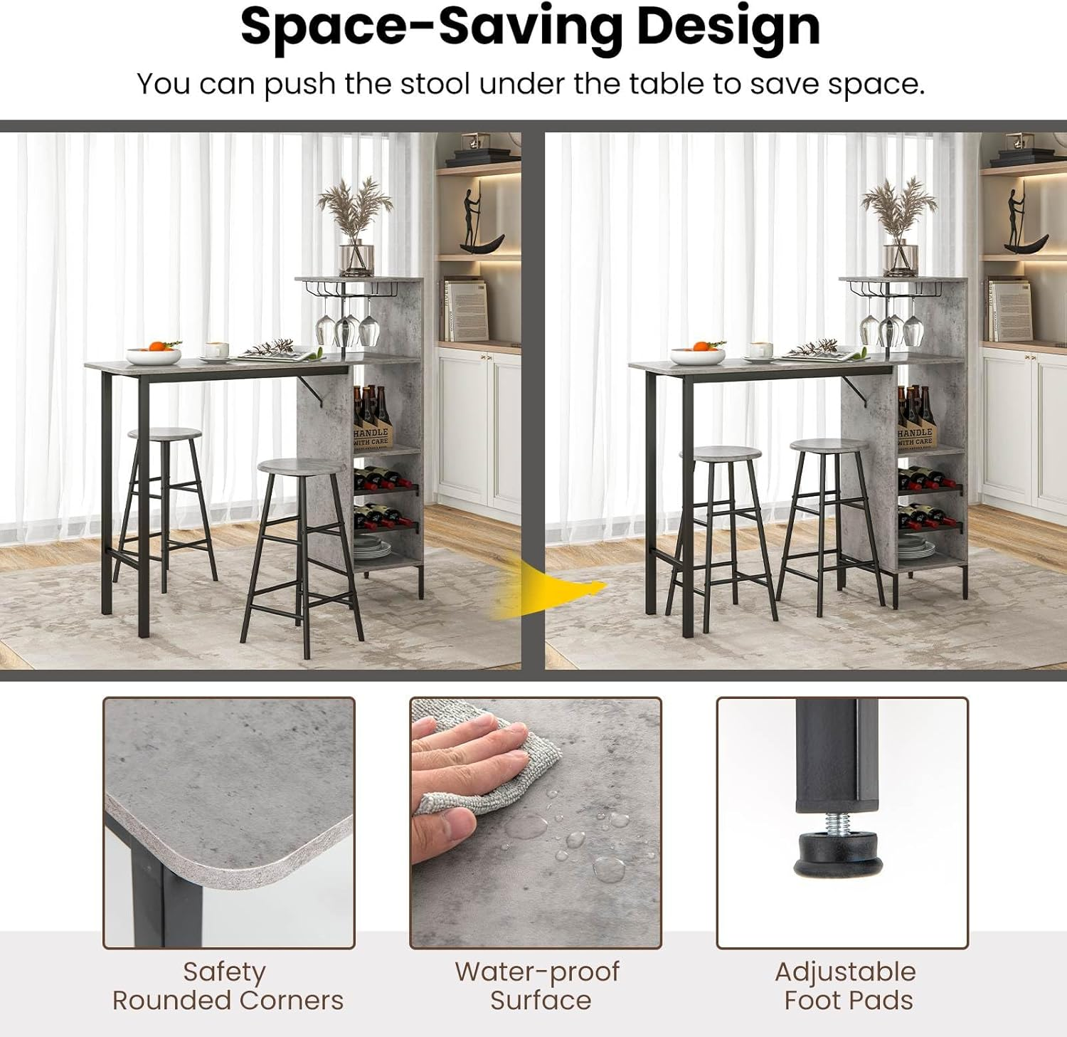 Giantex 3PCS Bar Table and Chair Set, Industrial Pub Table and Stools with Wine Glass Holders & 6-Bottle Wine Racks, Counter Height Dining Table Set for Living Room Dining Room Kitchen, Grey - Brown image number 7