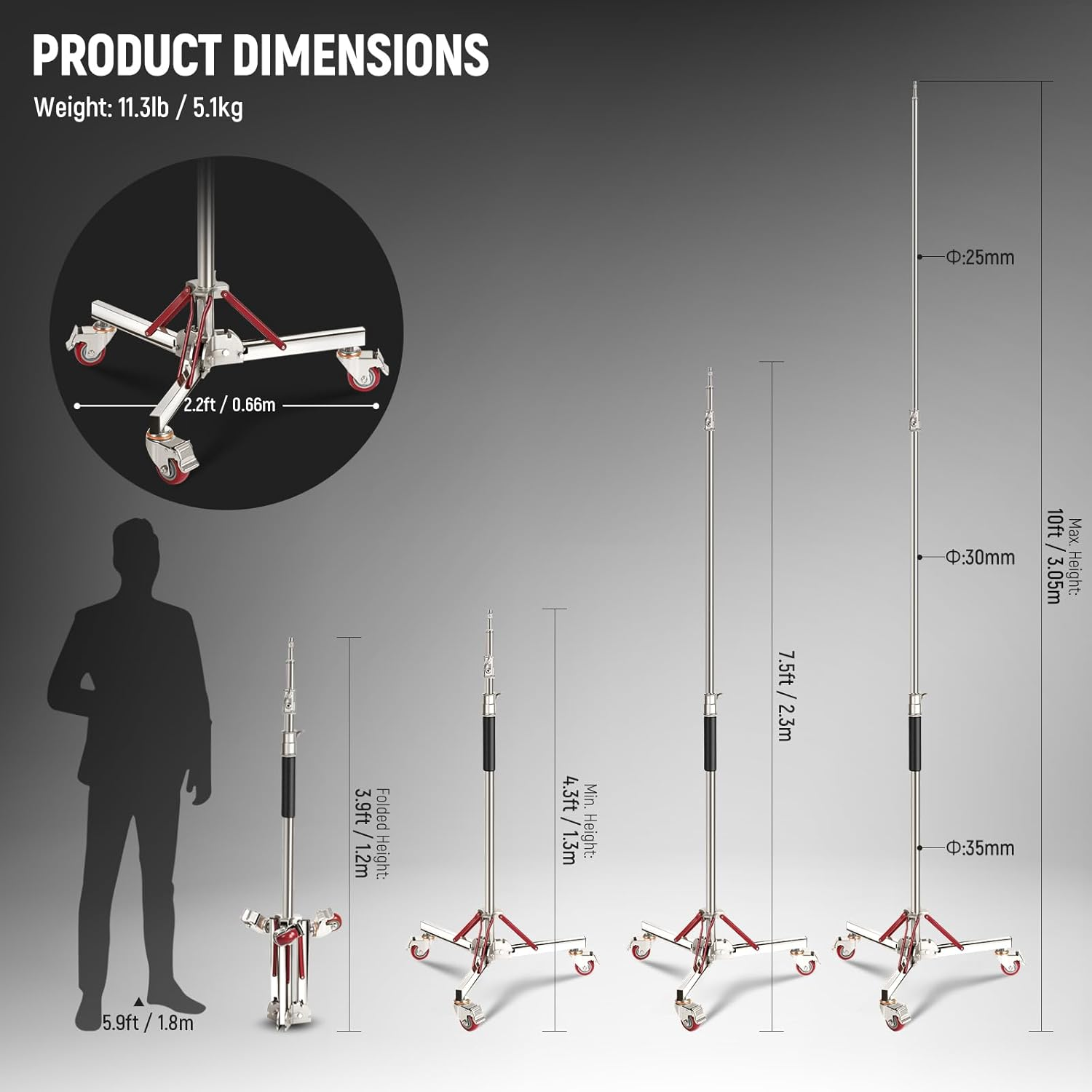 NEEWER 10Ft Heavy Duty Air Cushioned Light Stand with Casters, Adjustable Tripod Stand, Stainless Steel Photography Wheeled Stand for Studio Flash Softbox Monolight Reflector, SC305AW image number 5