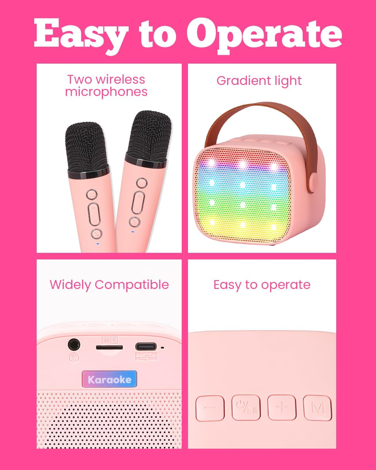 Kids Karaoke Machine, Kids Toys Girls Birthday Gift, Mini Portable Bluetooth Speaker with 2 Wireless Microphone for Girl 5,6,7,8,10+Year Old(Pink)