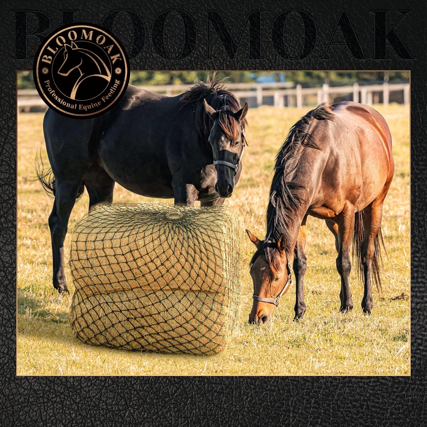 Bloomoak Slow Feed Hay Net for Horses, Durable Black PE, Fits 2 Hay Bales (91X46X46 Cm), Extends to 127 Cm, 4 Cm Holes