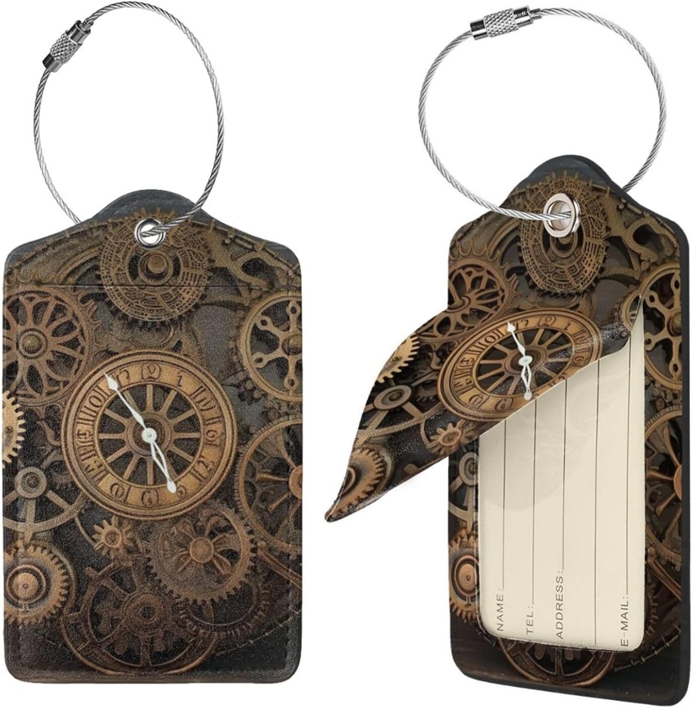 Dwrepo PU Leather Luggage Tags for Suitcases Steampunk Gears Clock Baggage Tags Travel Bag Labels Privacy Cover ID Label with Steel Loops Suitcase Tags for Women Men, 1, Black image number 4