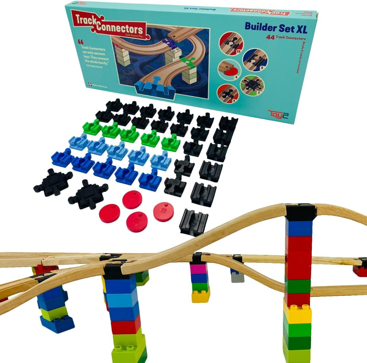 TOY2 Builder Set XL, 44 Pieces, Compatible with Brio &  Duplo, Sustainable Wooden Train Set Rail Connector Pack image number 3