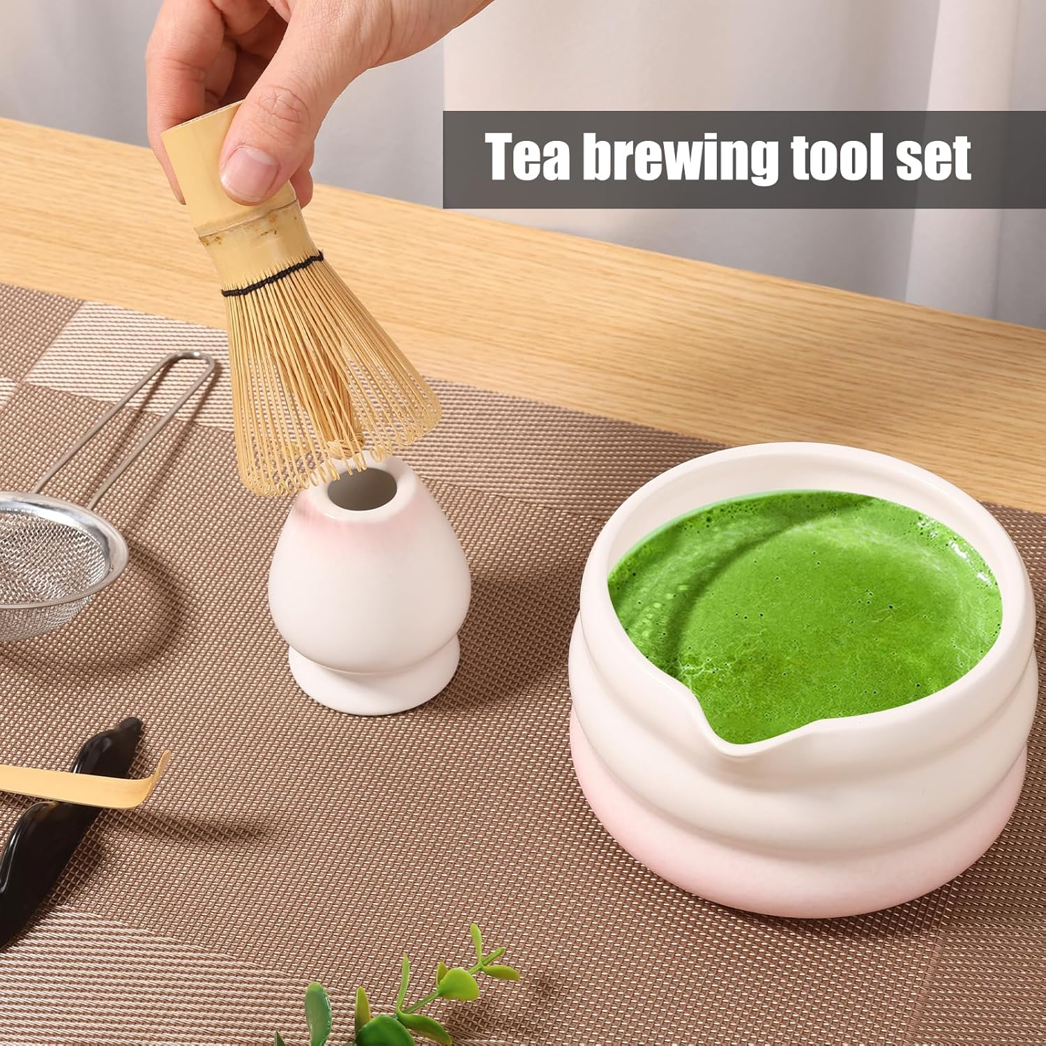 Japanese Matcha Tea Set, Easy to Use, Elegant Green Kit, Smooth Help Relaxing Japanese Tea Making Set, for Matcha Tea Ceremony Home Use (Pink) image number 2
