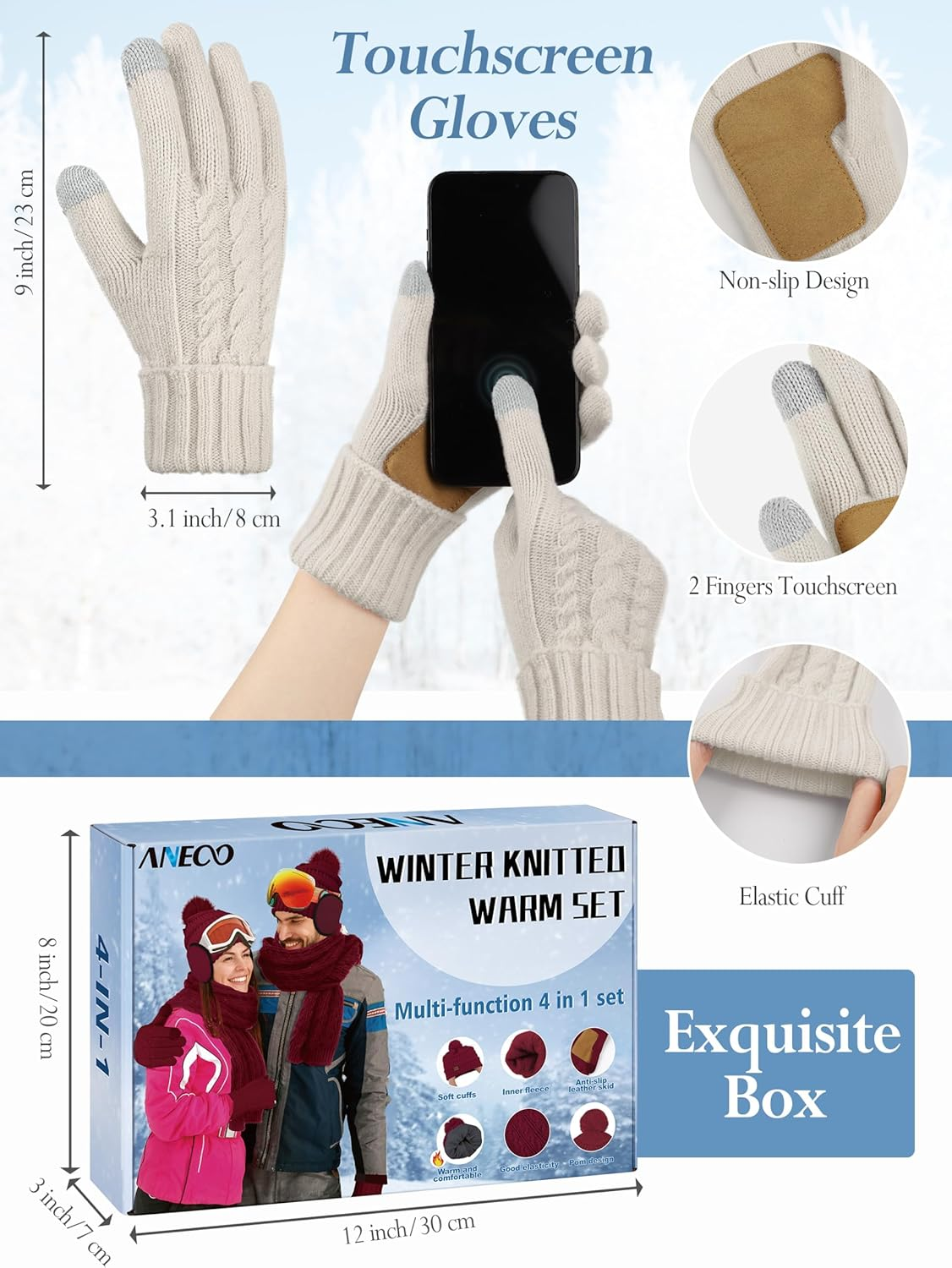 Aneco 4-In-1 Women Winter Beanie Hat Scarf Touchscreen Gloves Ear Warmer Set Fleece Lined Warm Knit Skull Cap with Pom Pom