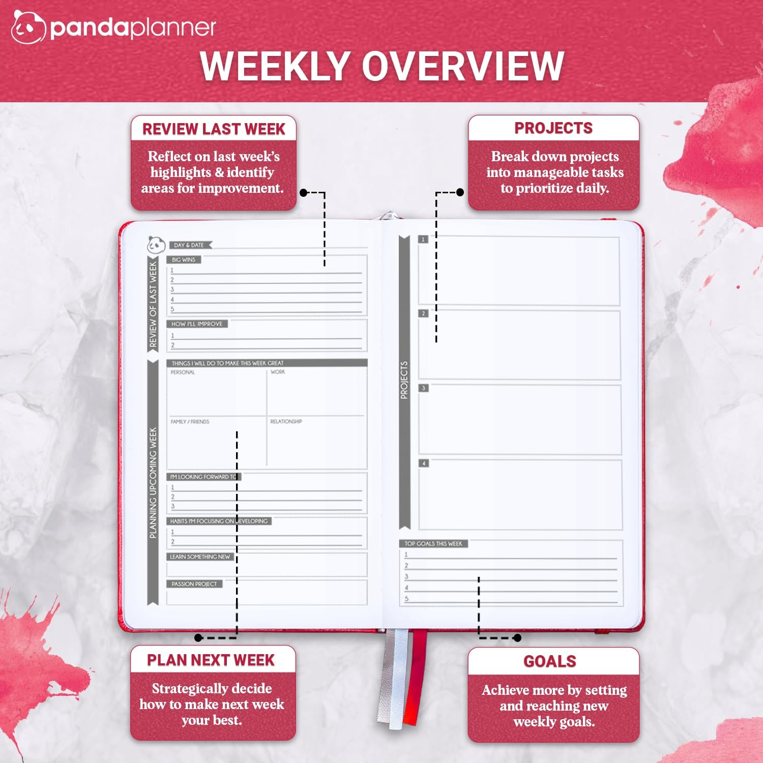 Panda Planner Raspberry Sorbet Daily Planner 2023 by - Organizer Planner for Goals, Gratitude & Focus - Weekly & Monthly Agenda Sections - Undated 90 Day Planner - Raspberry image number 5