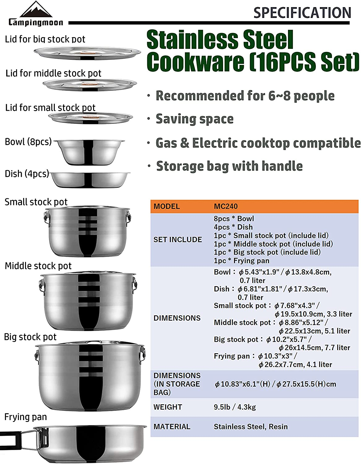 CAMPINGMOON Stainless Steel Outdoor Camping Nesting Mess Kit Cookware Set Pots Pans with Storage Carrying Bag