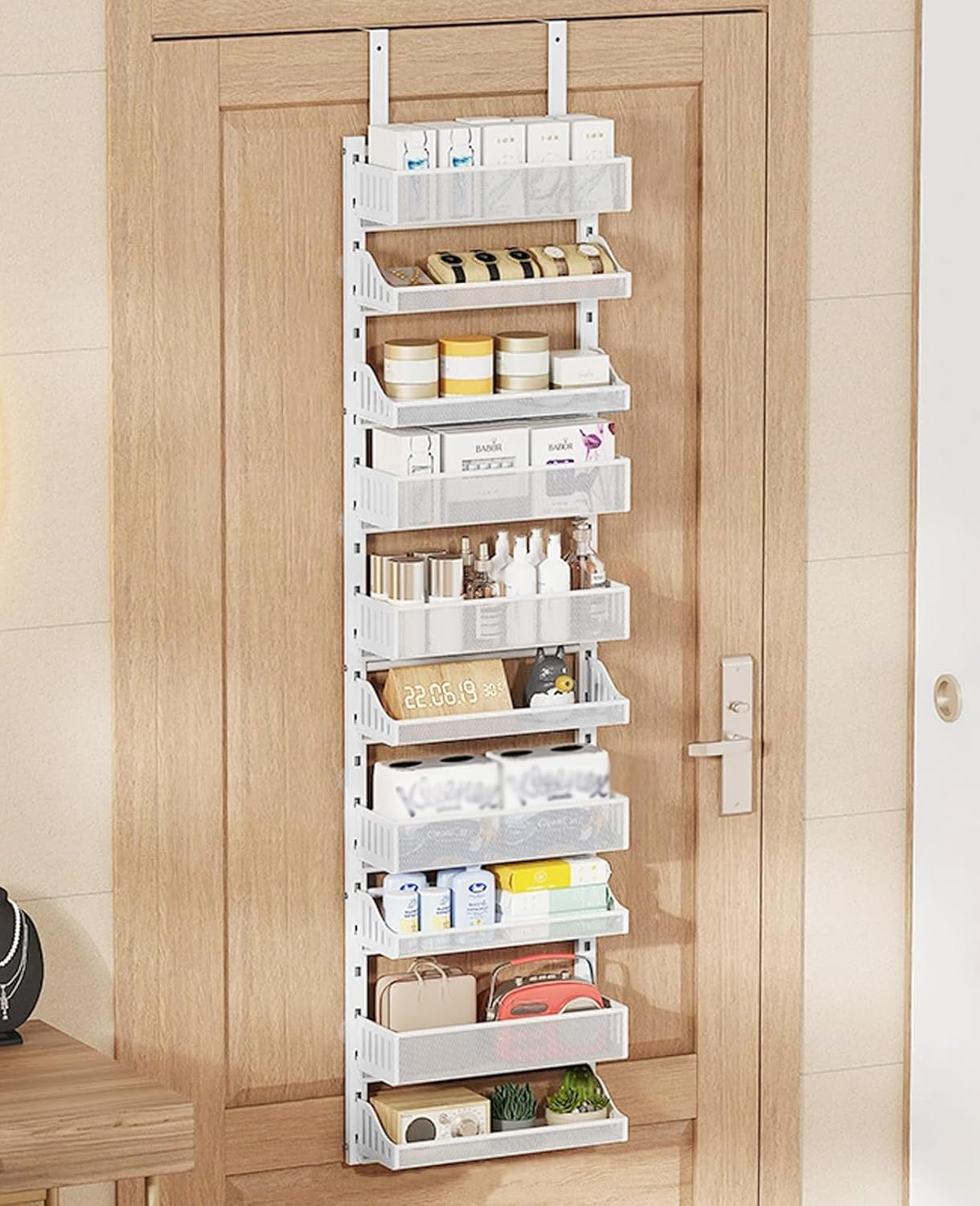 10-Tier over the Door Pantry Organizer, over the Door Organizer with Adjustable Basket, Metal Hanging Spice Rack, Heavy-Duty Pantry Doors Storage Shelf for Kitchen, Bathroom (White)