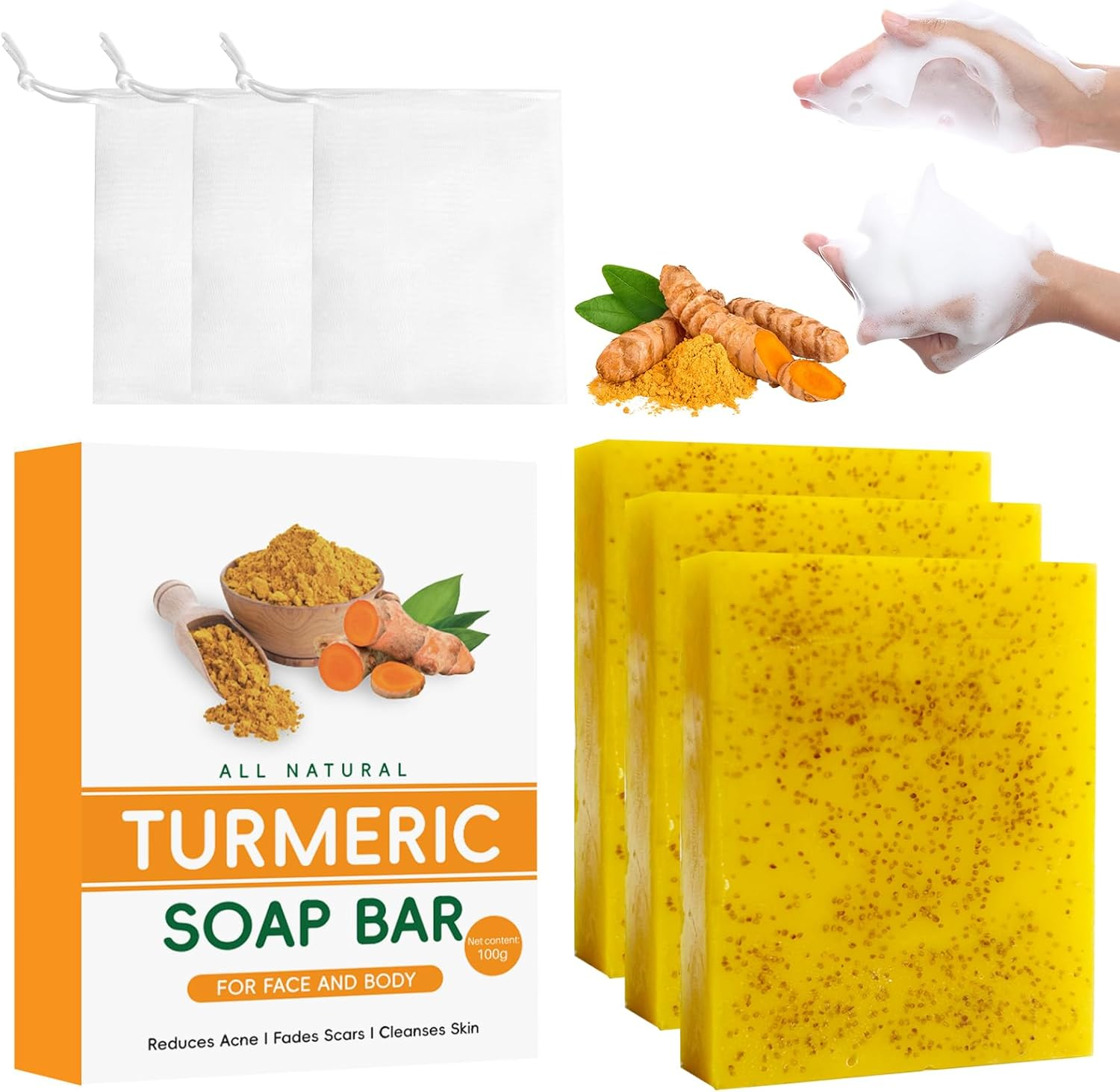 3 Pcs Turmeric Kojic Acid Soap Bar, Lemon & Ginger Handmade Cold Process Cleanser for Face-Body Brightening Moisturizing Skin Tone Care with Vitamin C 3 Foaming Mesh Bags 300G image number 6