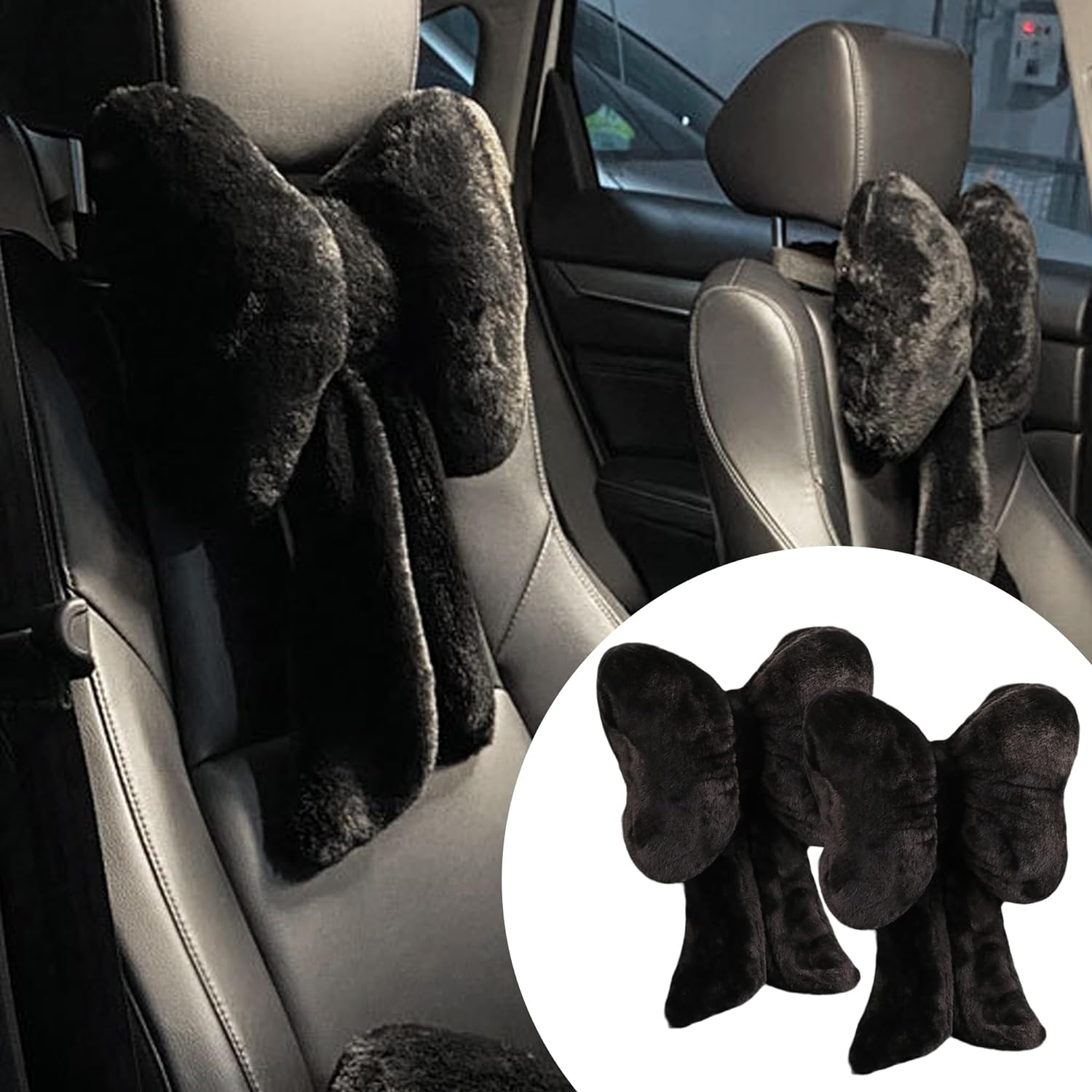 Car Neck Pillow 2PCS Plush Bowknot Car Headrest Pillow &ndash; Comfortable Neck Support for Driving Soft Touch Fabric Car Pillow Cute Girl-Style Interior Decor (Black)