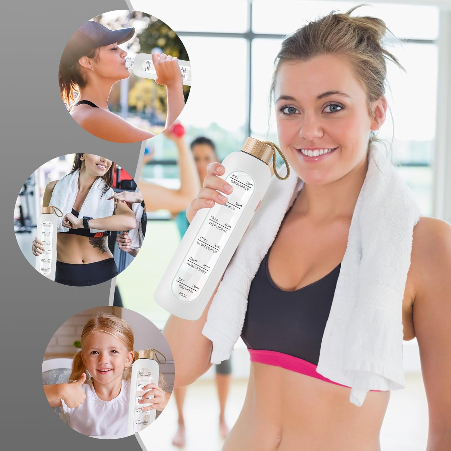 Glass Water Bottle 1 L with Time Markings - 1 Litre Leak-Proof Sports Glass Water Bottle with Bamboo Lid for Sports, Leisure, 1000 Ml Reusable Shatterproof Silicone Cover Water Bottle (White) - Blue image number 2