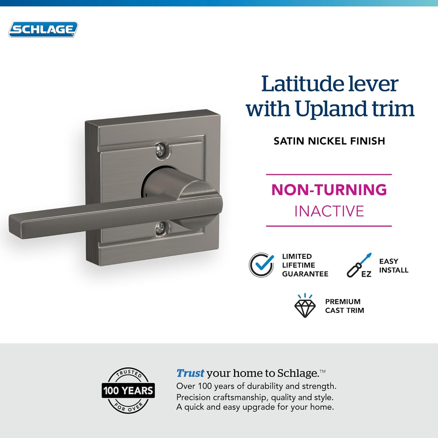 Schlage F170 LAT 619 ULD Latitude Lever with Upland Trim Non-Turning Lock, Satin Nickel image number 7