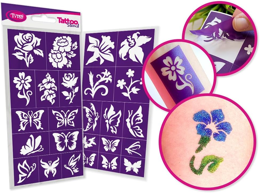 Tytoo Glitter Tattoo Stencil Set - Reusable Templates for Children & Adults - EU Design, Skin-Friendly, Perfect for Parties, Children'S Make-Up & Body Painting (Flowers) image number 2