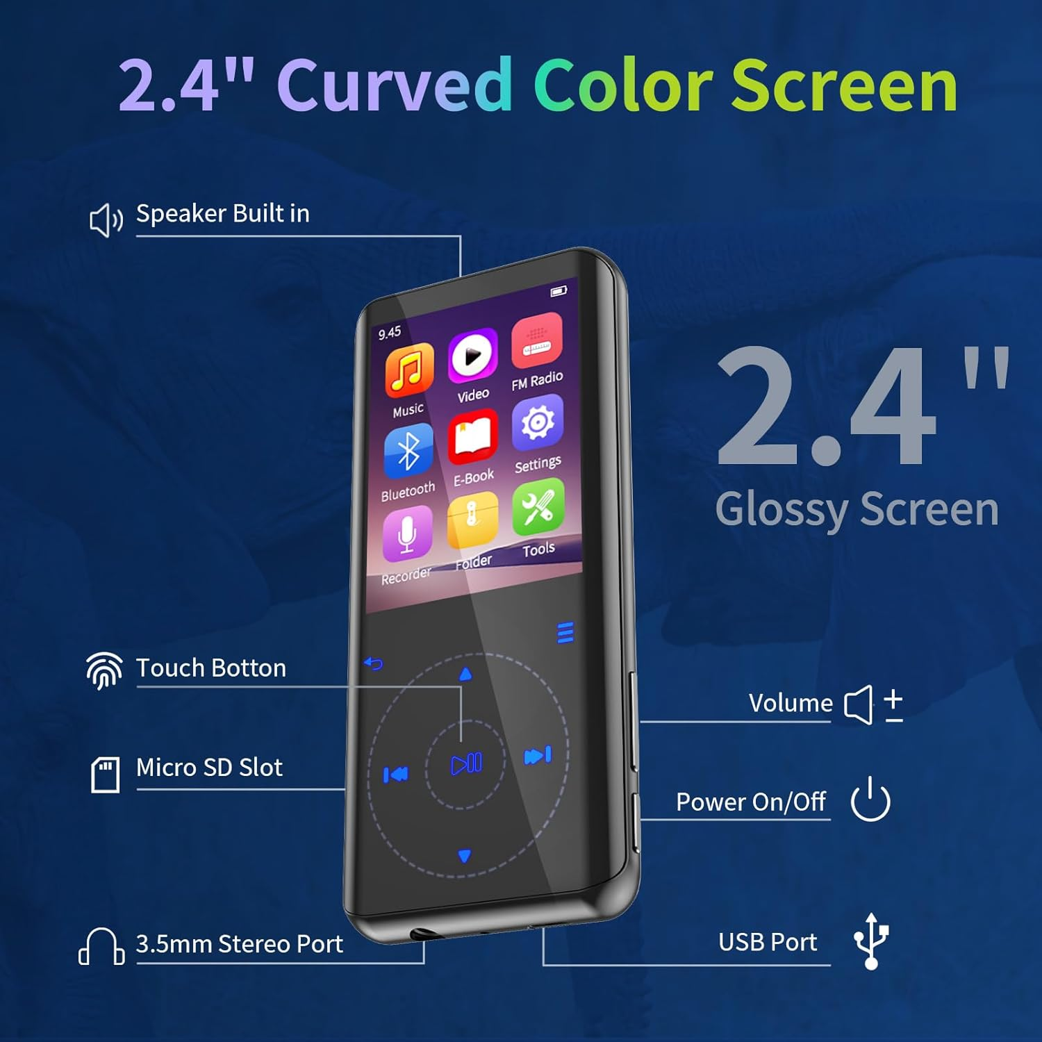 RUIZU 64GB MP3 Player with Bluetooth 5.3, Portable Music Player with Speaker, FM Radio, Voice Recorder, Hifi Lossless Digital Audio Video Playback, 2.4-Inch Curved Screen, Support 128GB Micro SD Card image number 6