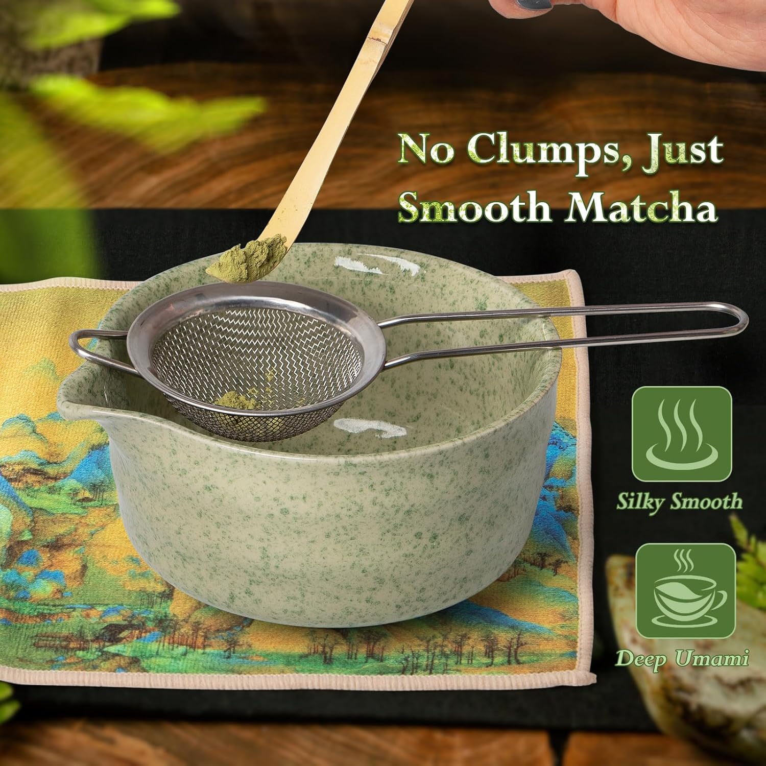 Matcha Whisk Set, 7-Piece Matcha Tea Set &ndash; Ceramic Bowl, Bamboo Whisk & Holder, Scoop & Rest, Sifter, Tea Towel &ndash; Traditional Tea Kit for Home, Kitchen & Gift Giving image number 6