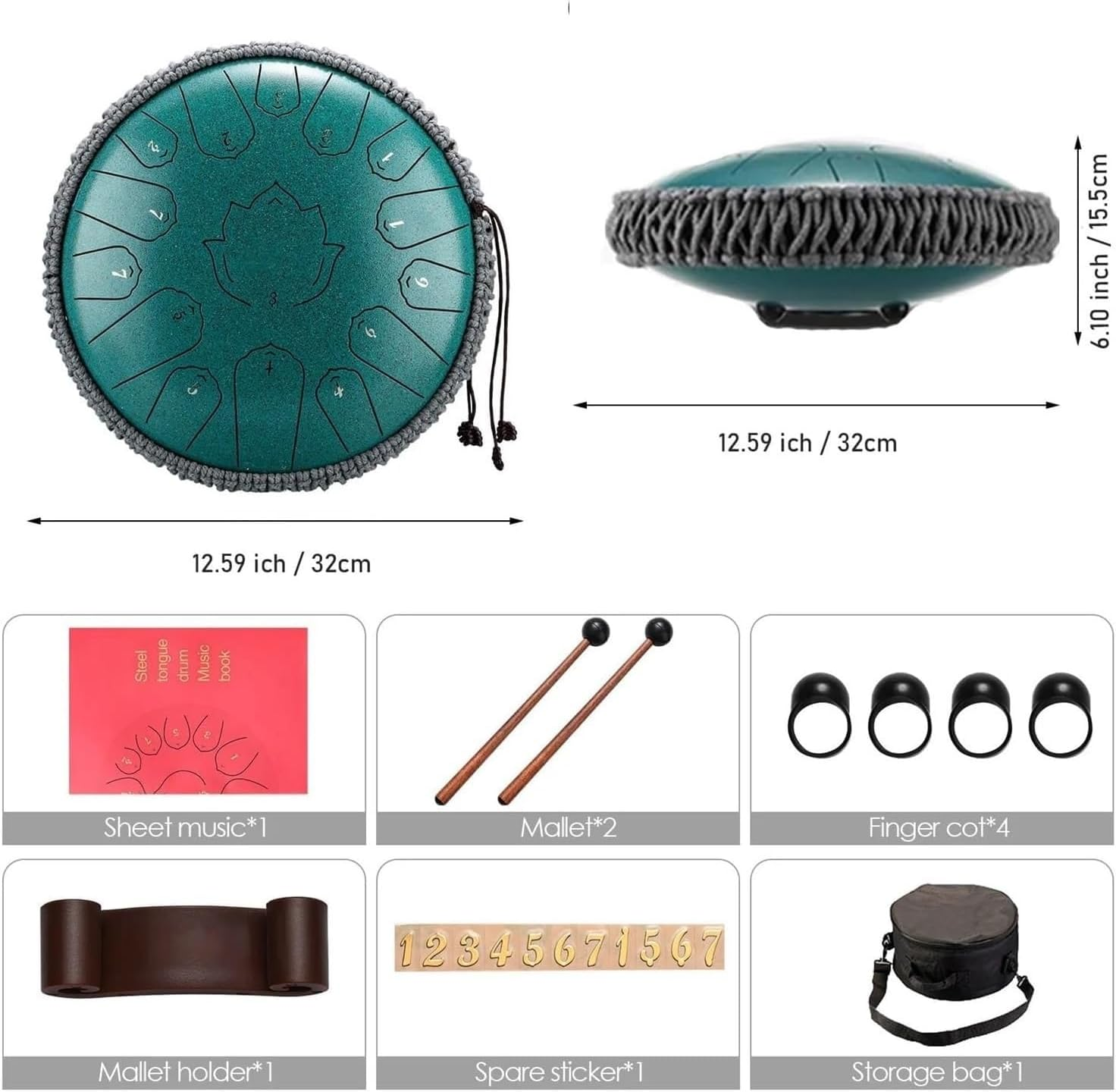 Steel Tongue Drum 13 in 15 Notes Tongue Drum, D Major, Outdoor Rain Drum with Carry Bag, Music Book and Hand Drumsticks (Green) - Blue image number 3