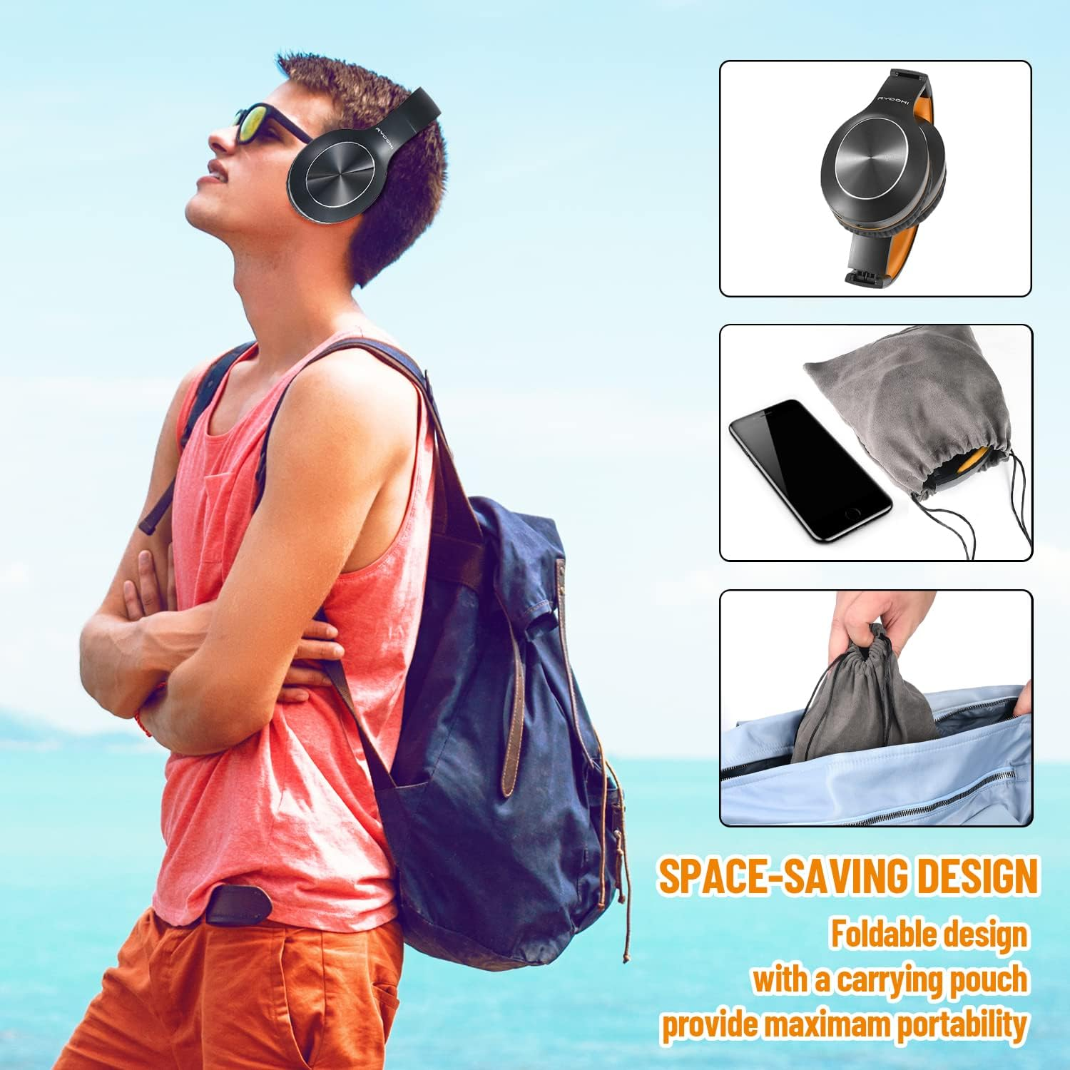 Rydohi Bluetooth Headphones over Ear, 68H Playtime and 3 EQ Music Modes Wireless Headphones with Microphone/Deep Bass, Hifi Stereo Foldable Lightweight Headset for PC Home Travel Office (BLACK-ORANGE)