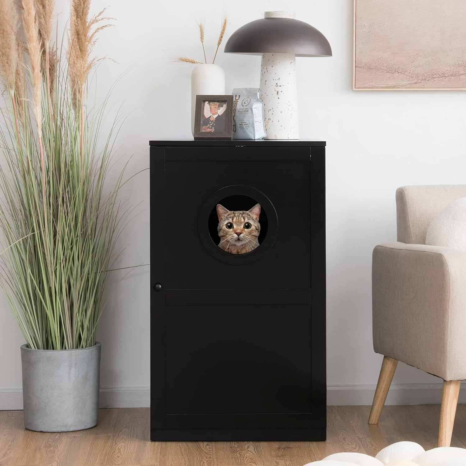 Costway 2-Tier Litter Box Enclosure, Cat House Bench W/Anti-Toppling System & Openable Door, Privacy Cat Washroom W/Multiple Vents & Entrance Hole, Side Storage Cabinet, Home, Pet Store (Black) - Black image number 3