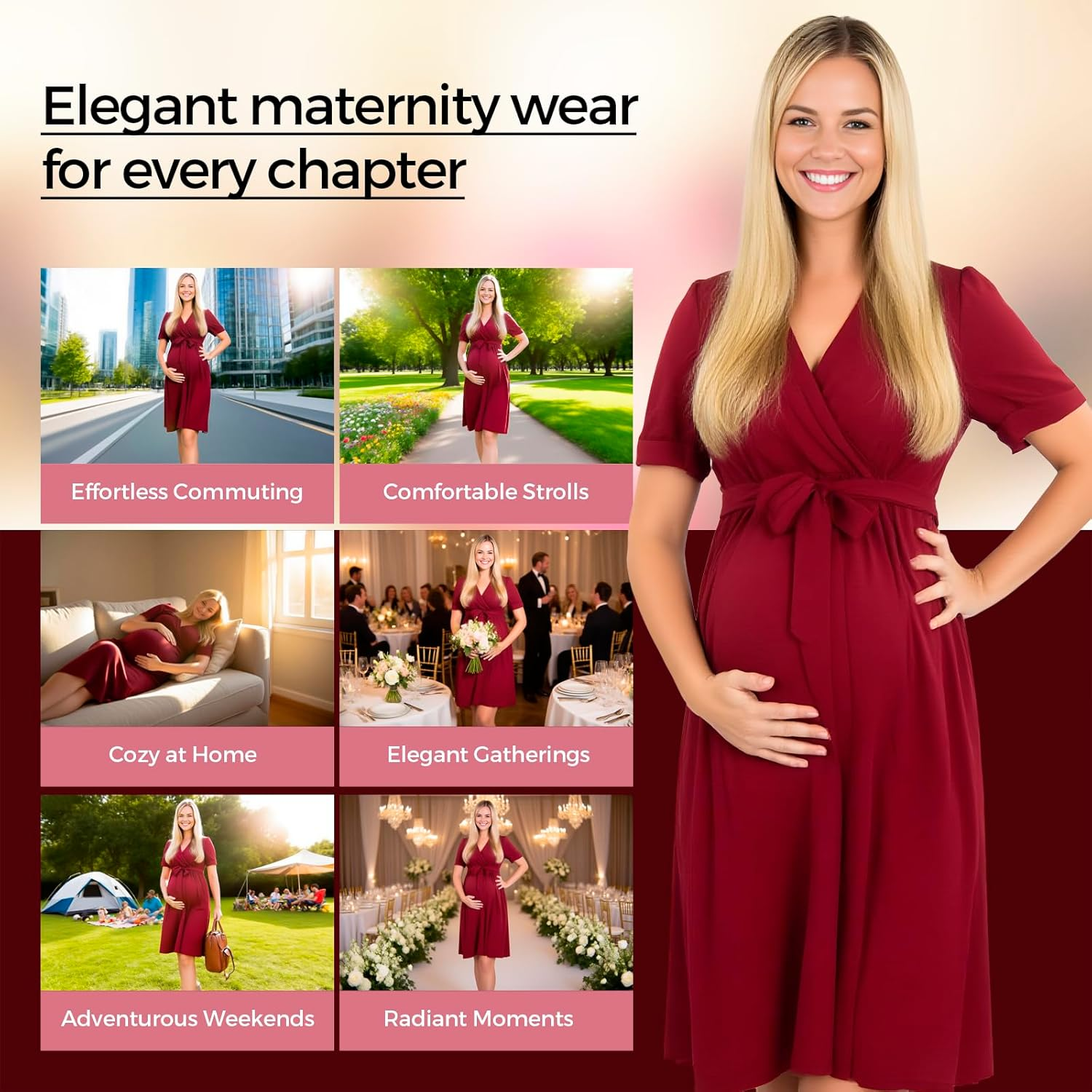 Maternity Summer Dress &ndash; Solid Color Casual Elbow Sleeve Pregnancy Dress for Women image number 5