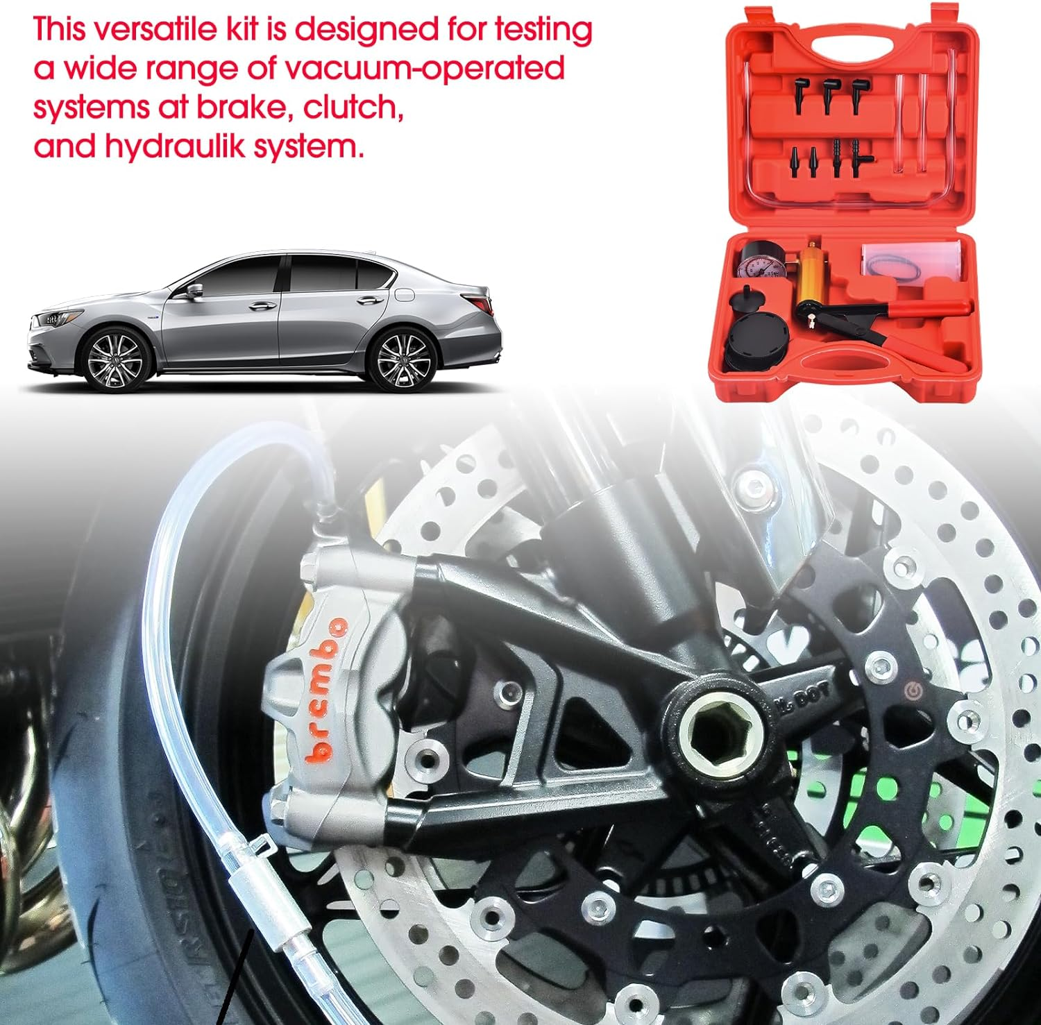 DHA Brake Fluid Bleeding Kit,Brake Bleeder Kit Hand Held Vacuum Pump Pressure Tester Gauge Adapter Set Automotive,Manual Brake Clutch System Bleeder Tool Kit for Bike Car Motorcycle Truck One Man image number 3