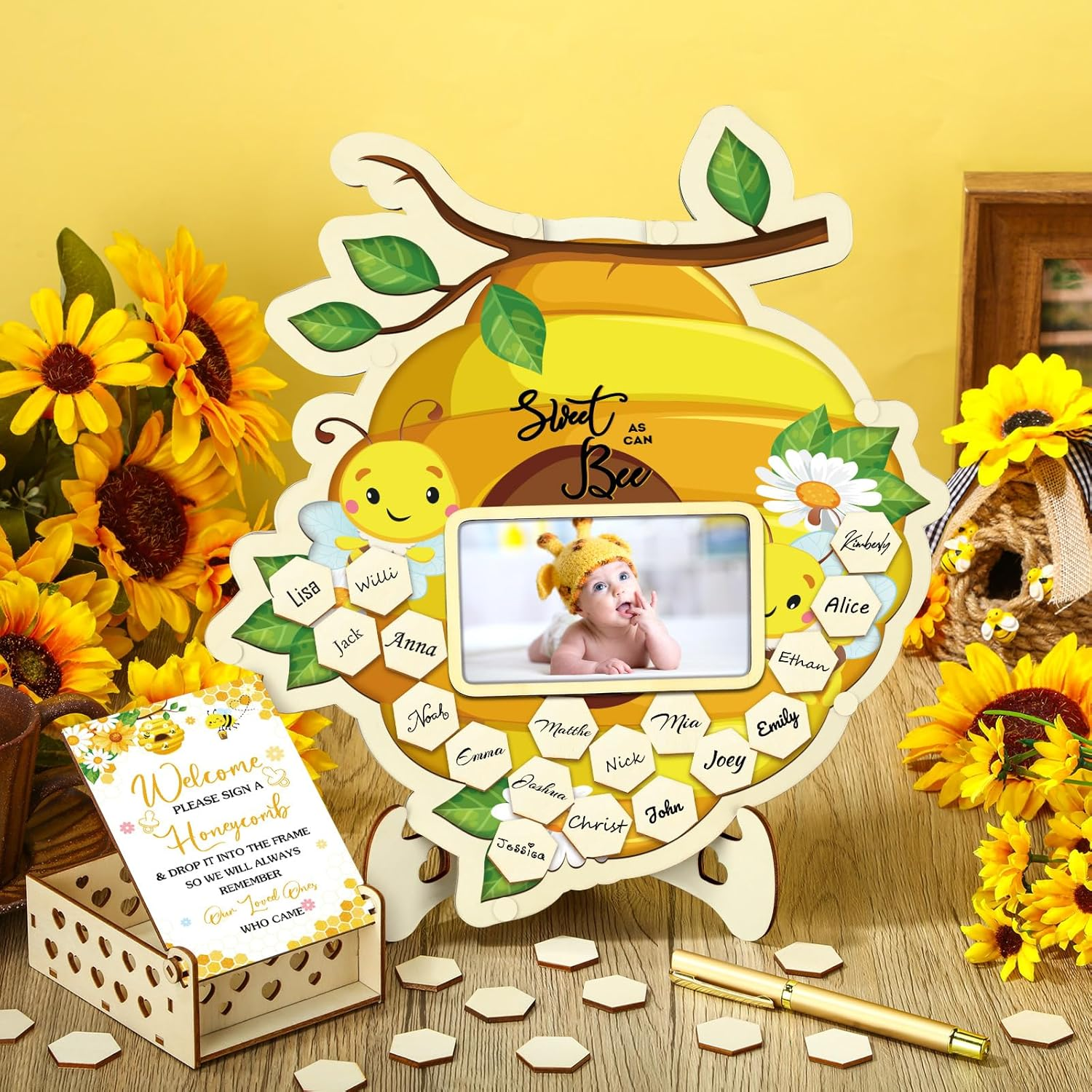 Wenqik 63 Pcs Bee Baby Shower Guest Book Alternatives Set Baby Shower Decorations with Photo Frame Sonogram Frame Keepsake 60 Wood Slices Guest Book for Birthday image number 1